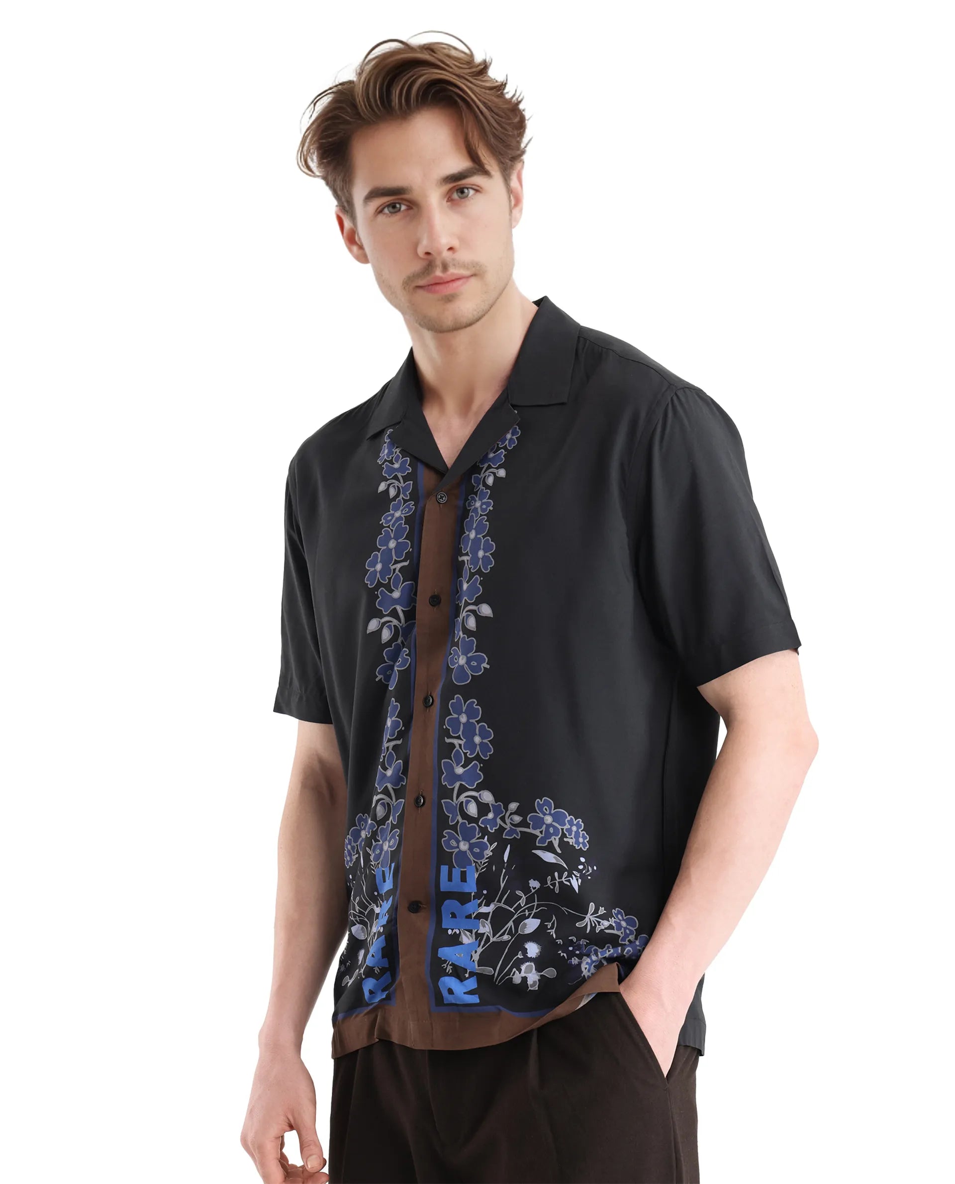 Rare Rabbit Men Lato Black Viscose Fabric Cuban Collar Floral and Typography Printed Boxy Fit Shirt