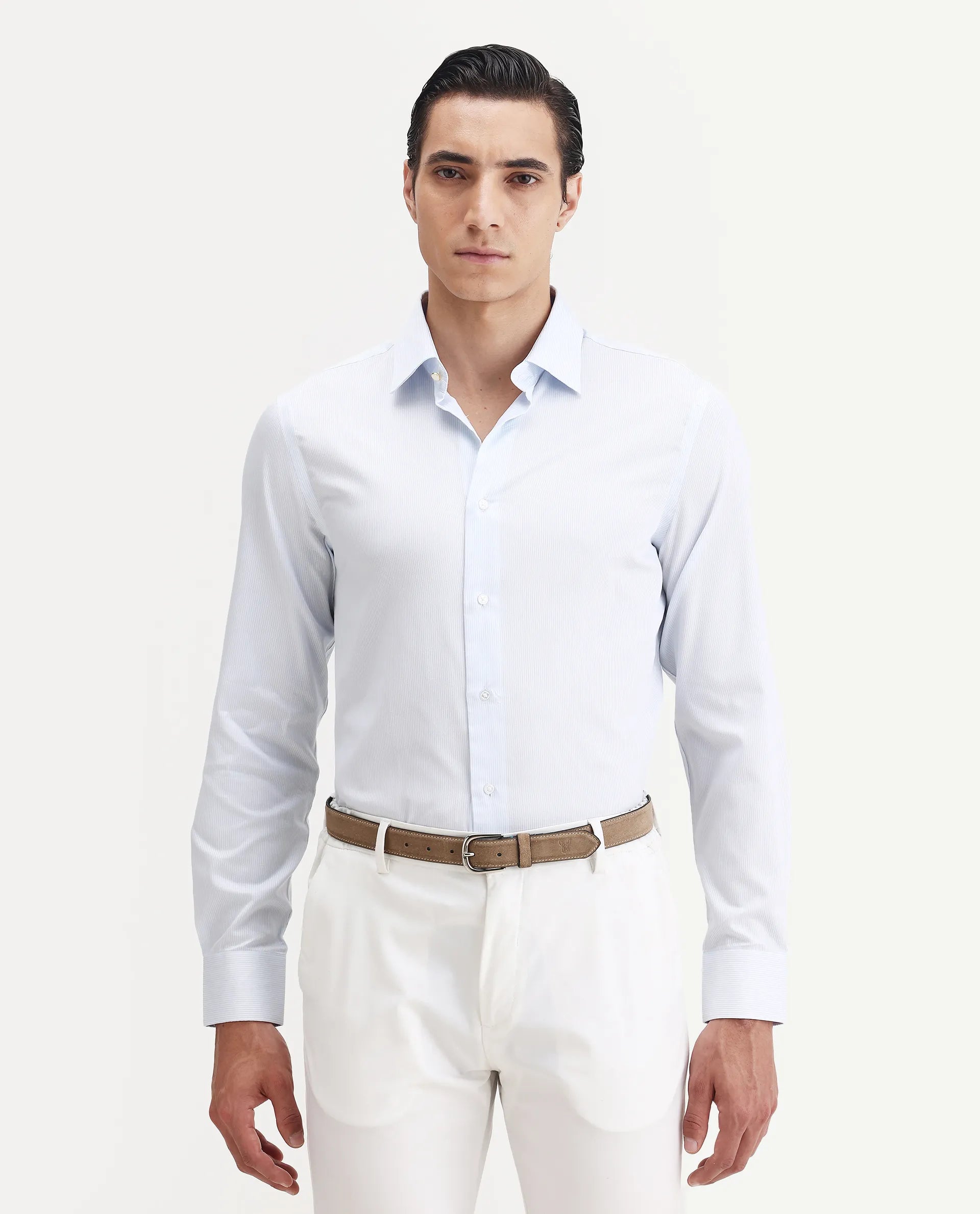 Rare Rabbit Men's Latter Light Blue Cotton Plain Regular Fit Full Sleeve Collared Shirt