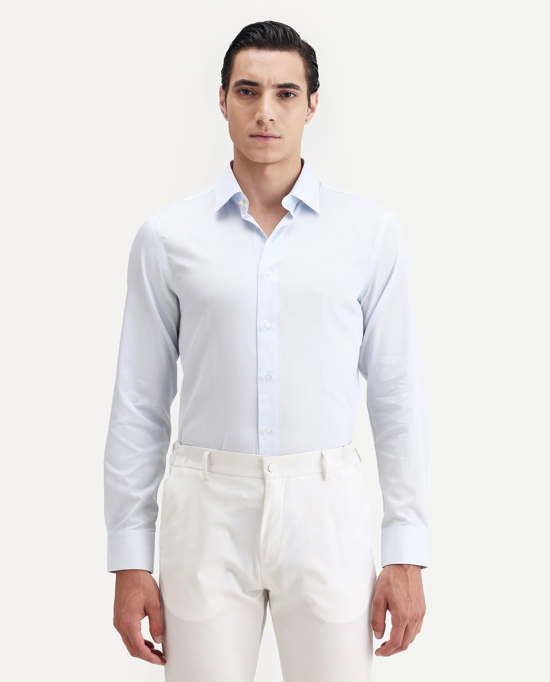 Rare Rabbit Men's Latter Light Blue Cotton Plain Regular Fit Full Sleeve Collared Shirt