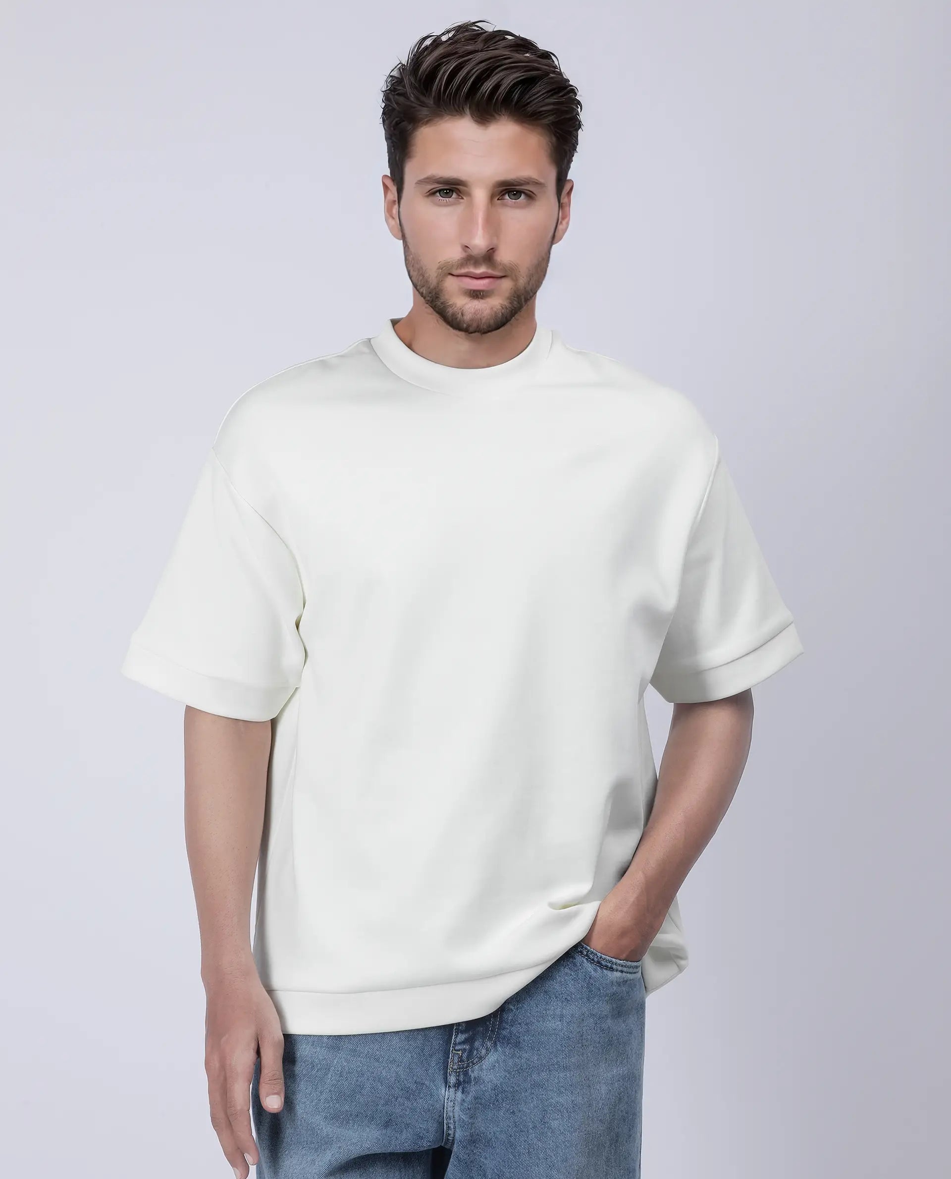 Rare Rabbit Men's Lauch Off White Cotton Blend Plain Oversized Fit Half Sleeve Crew Neck T-Shirt