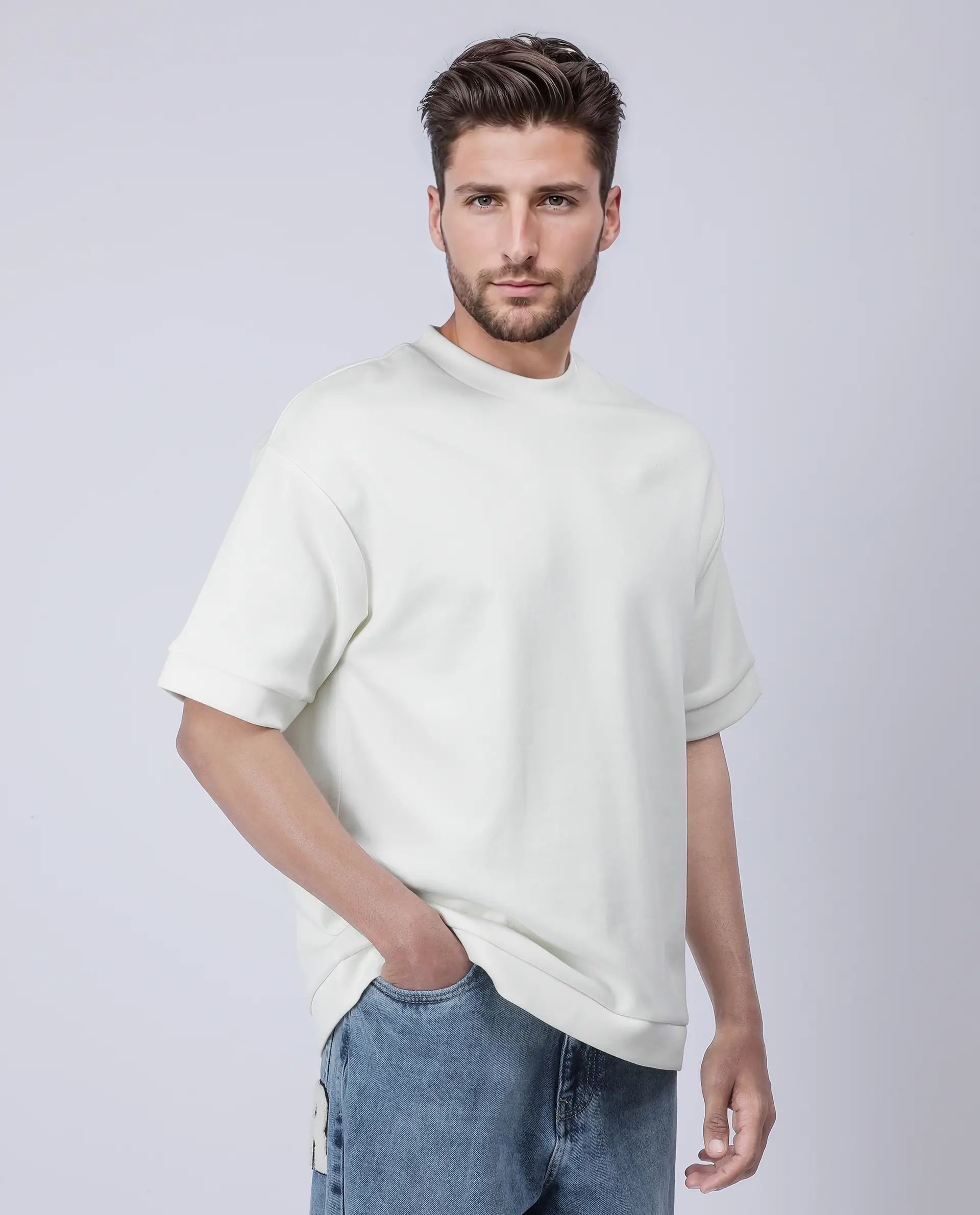 Rare Rabbit Men's Lauch Off White Cotton Blend Plain Oversized Fit Half Sleeve Crew Neck T-Shirt