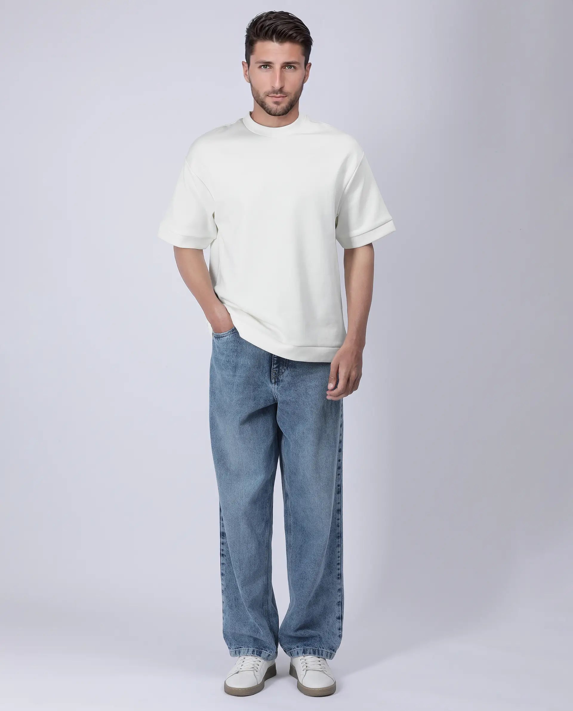 Rare Rabbit Men's Lauch Off White Cotton Blend Plain Oversized Fit Half Sleeve Crew Neck T-Shirt