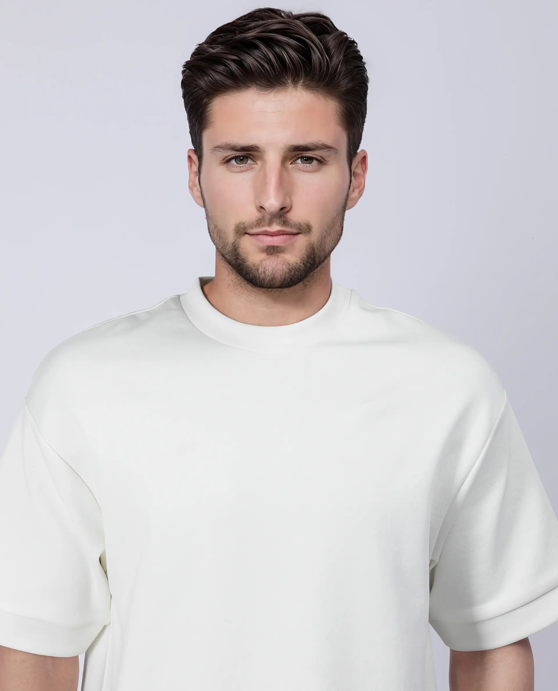Rare Rabbit Men's Lauch Off White Cotton Blend Plain Oversized Fit Half Sleeve Crew Neck T-Shirt