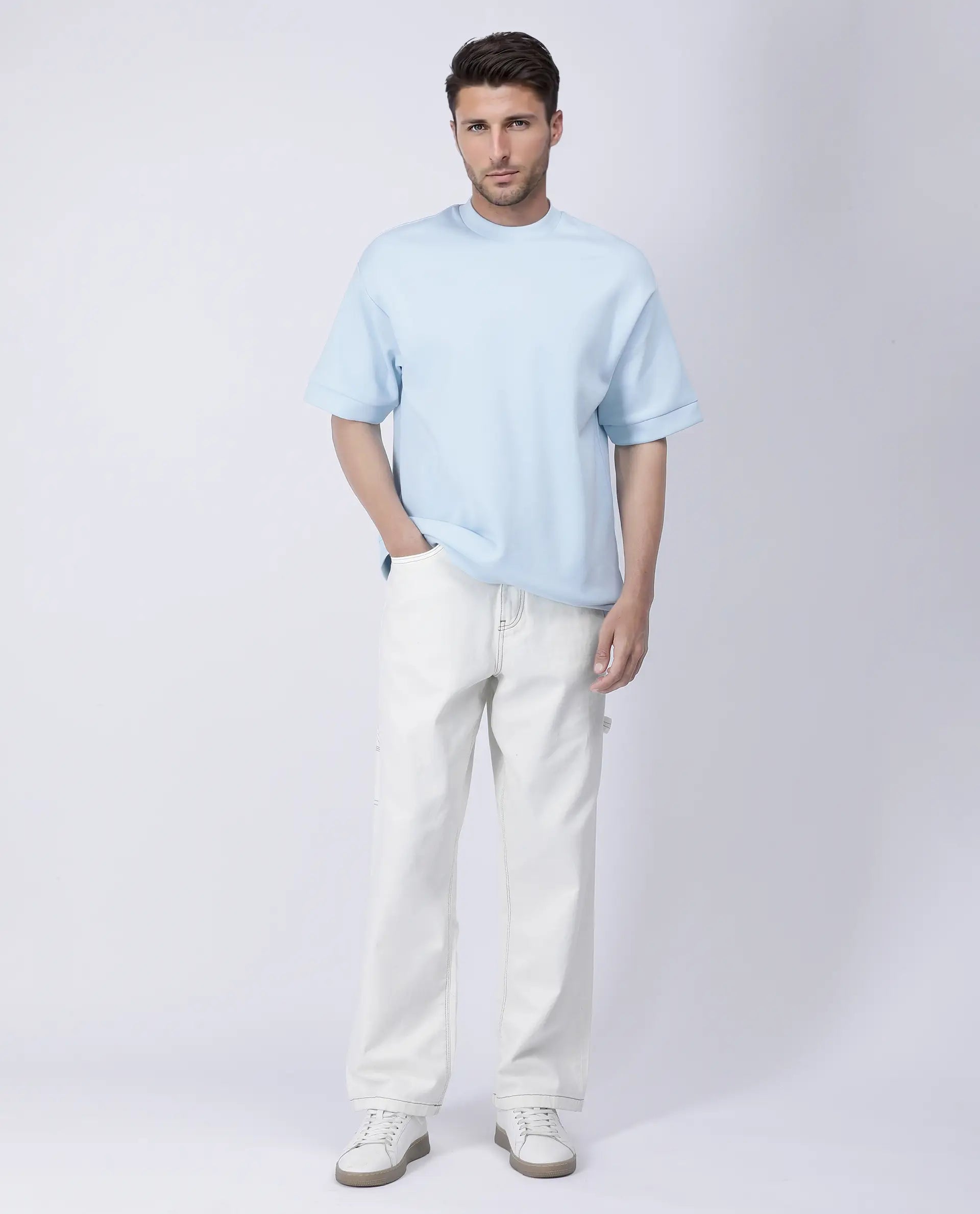 Rare Rabbit Men's Lauch Pastel Blue Cotton Blend Plain Oversized Fit Half Sleeve Crew Neck T-Shirt