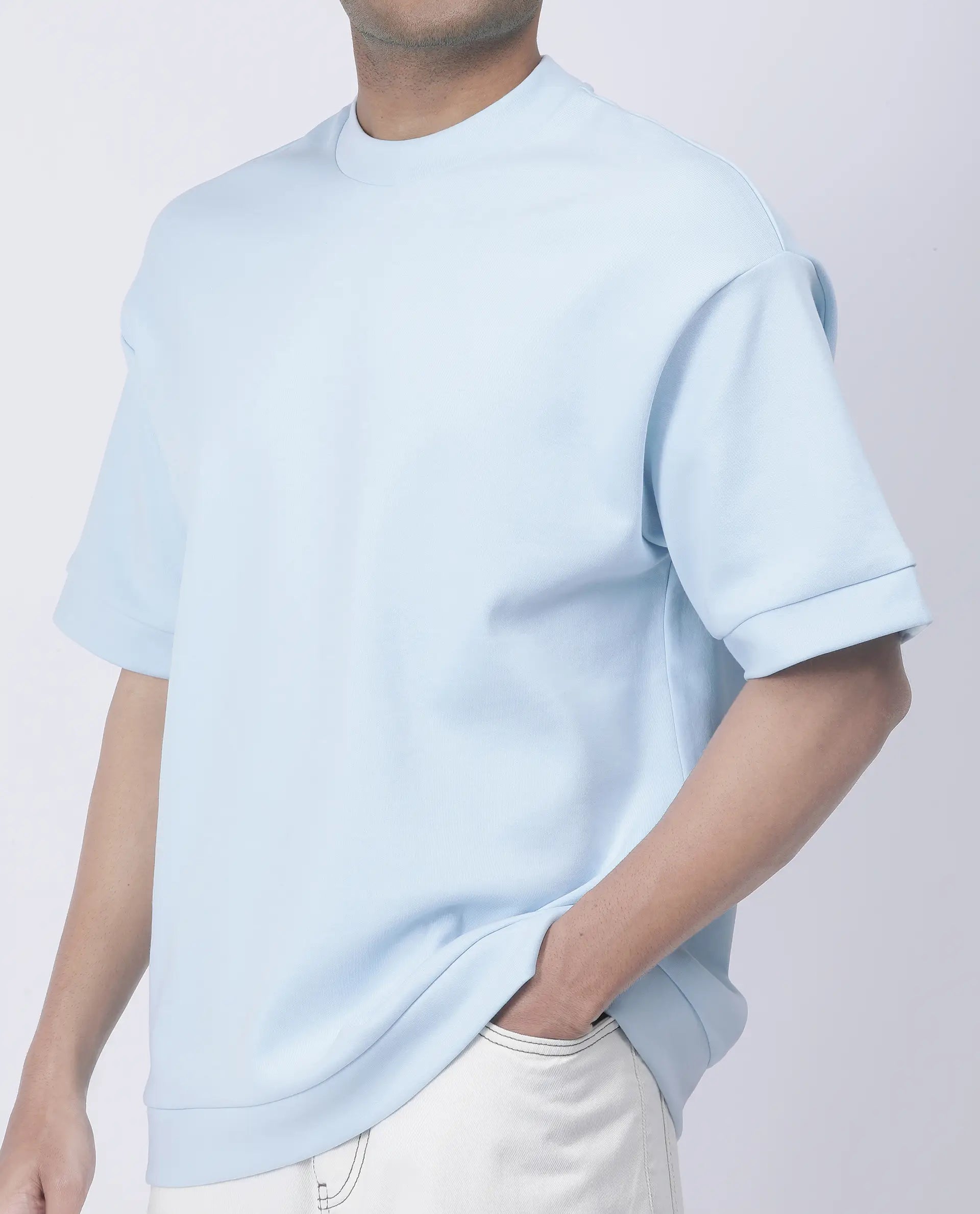 Rare Rabbit Men's Lauch Pastel Blue Cotton Blend Plain Oversized Fit Half Sleeve Crew Neck T-Shirt