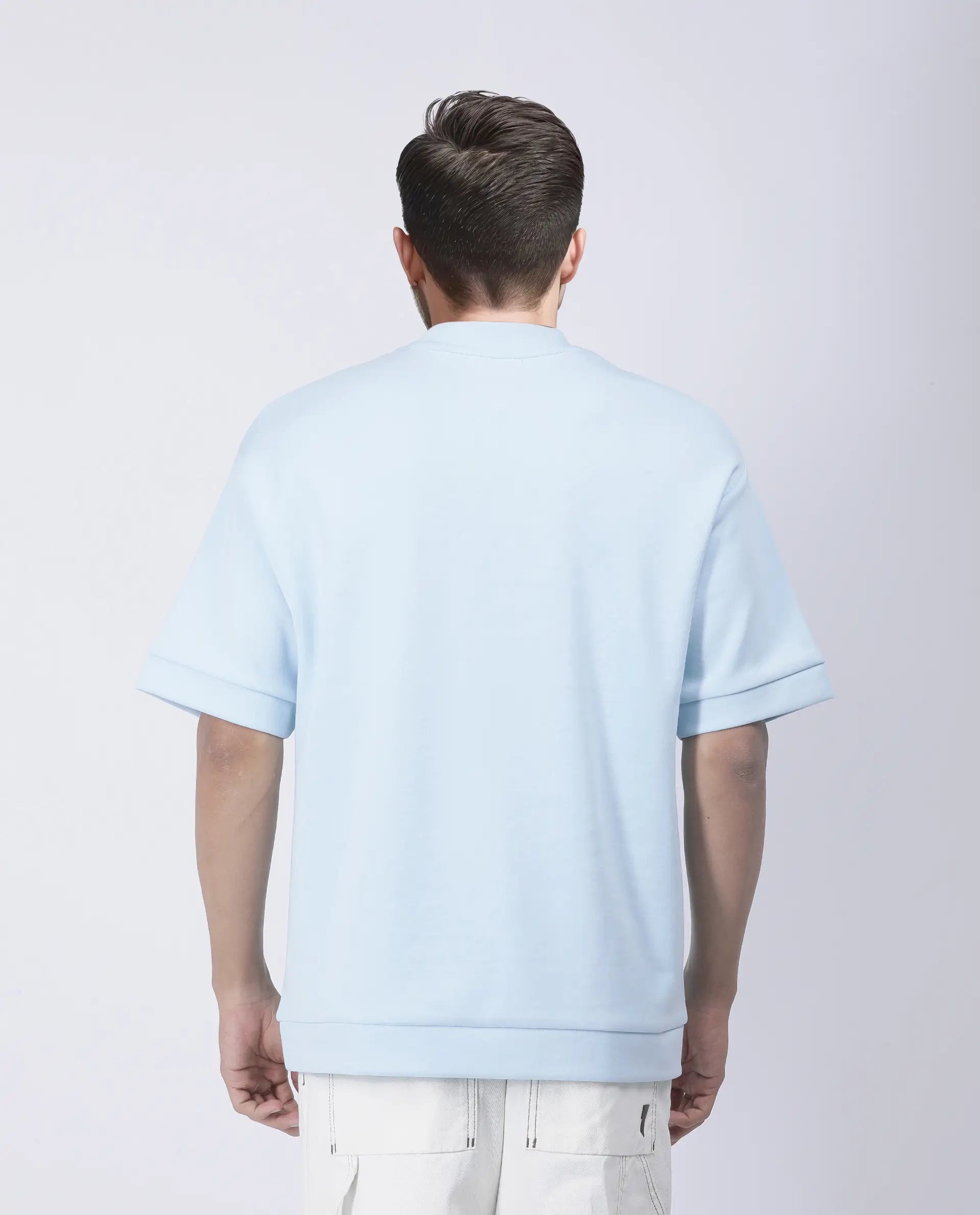Rare Rabbit Men's Lauch Pastel Blue Cotton Blend Plain Oversized Fit Half Sleeve Crew Neck T-Shirt