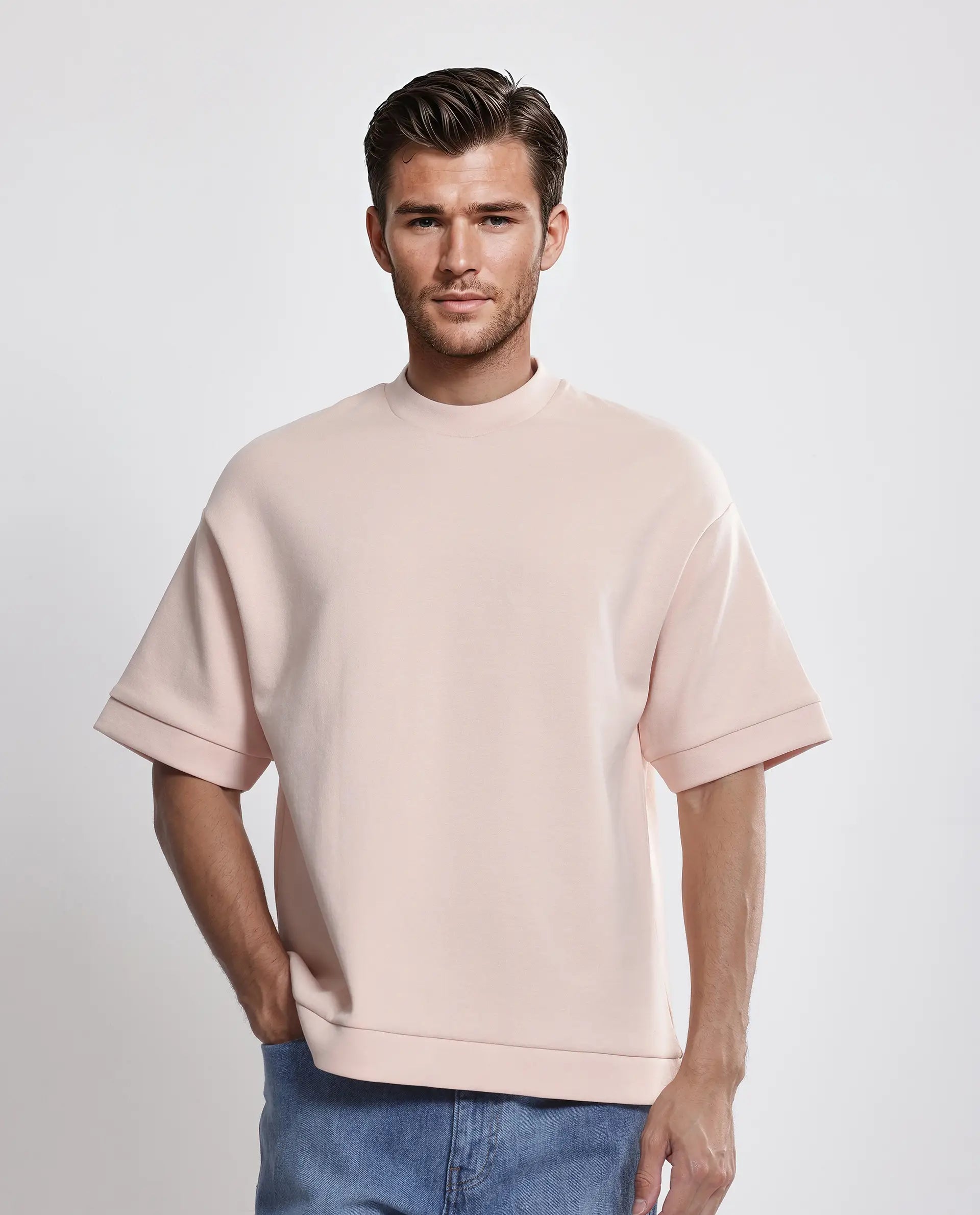 Rare Rabbit Men Lauch Pastel Orange Cotton Blend Fabric Short Sleeves Crew Neck Plain T-Shirt