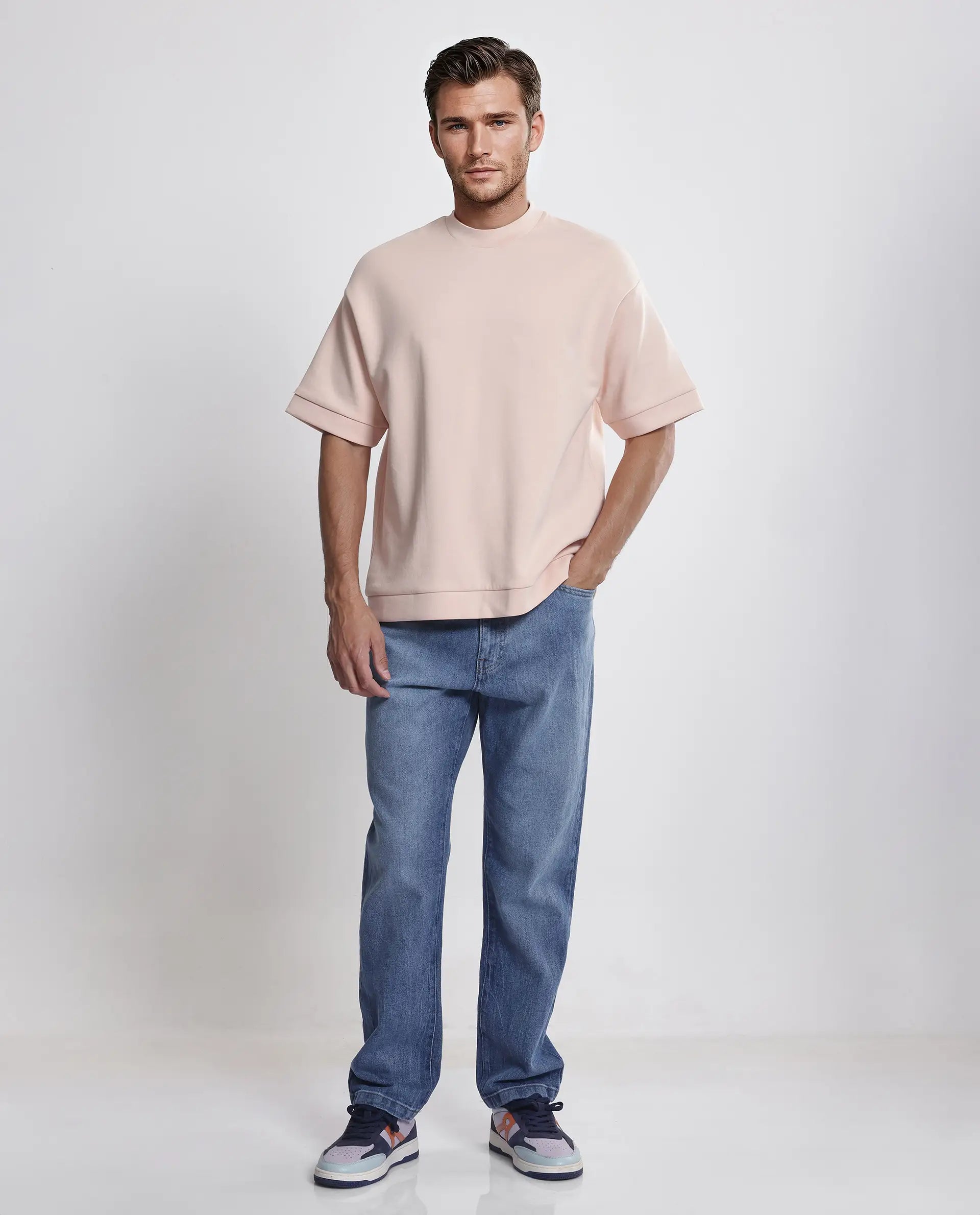 Rare Rabbit Men Lauch Pastel Orange Cotton Blend Fabric Short Sleeves Crew Neck Plain T-Shirt