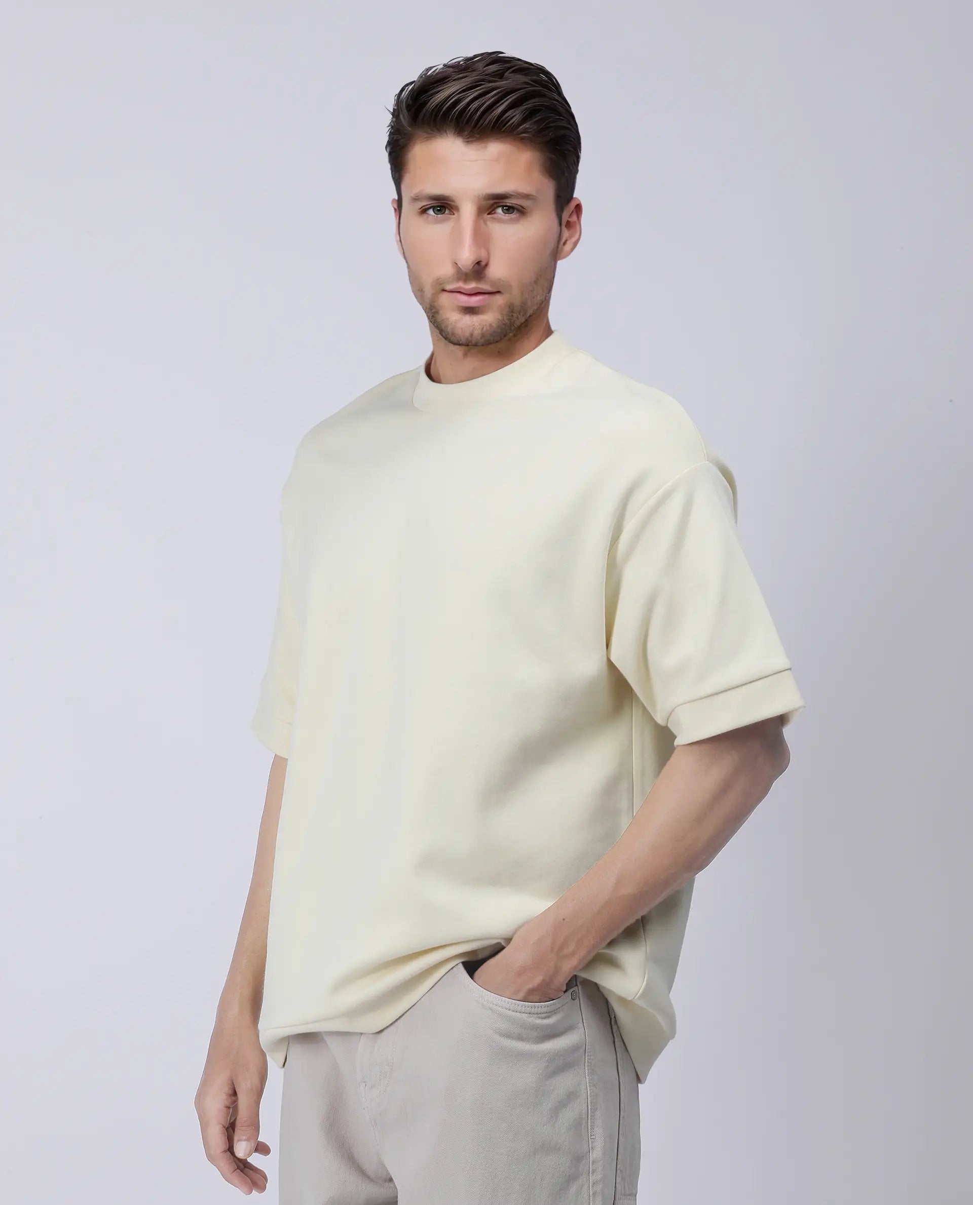 Rare Rabbit Men's Lauch Pastel Yellow Cotton Blend Plain Oversized Fit Half Sleeve Crew Neck T-Shirt