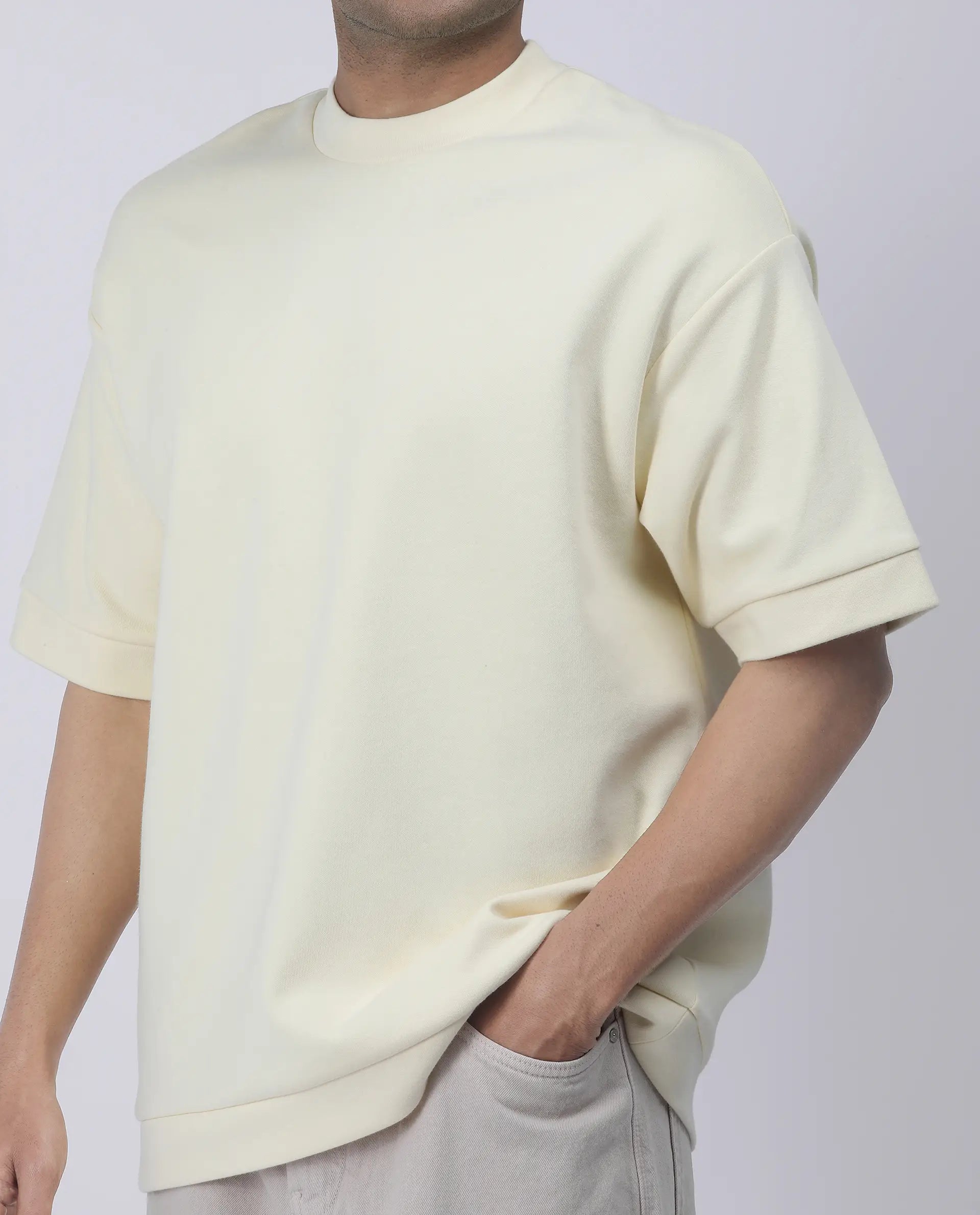 Rare Rabbit Men's Lauch Pastel Yellow Cotton Blend Plain Oversized Fit Half Sleeve Crew Neck T-Shirt