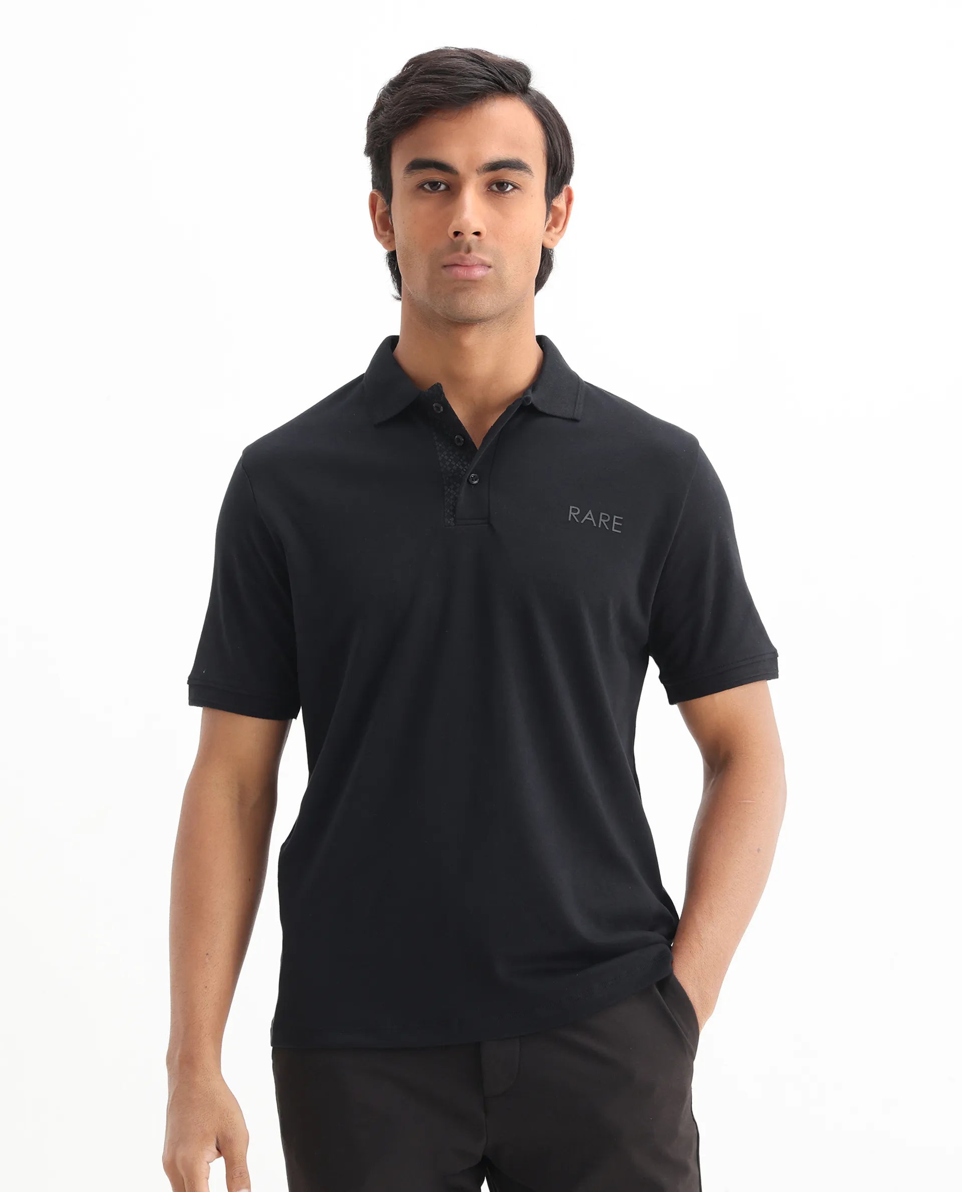 Rare Rabbit Men's Laur Black Cotton Plain Regular Fit Half Sleeve Polo