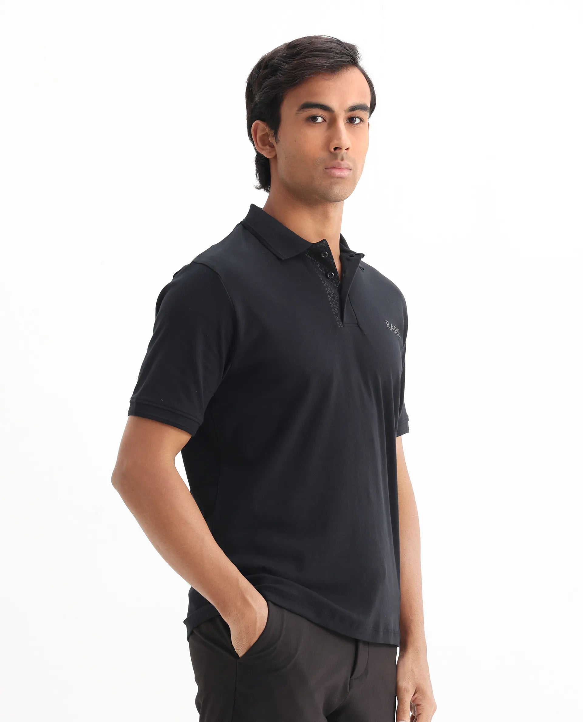 Rare Rabbit Men's Laur Black Cotton Plain Regular Fit Half Sleeve Polo