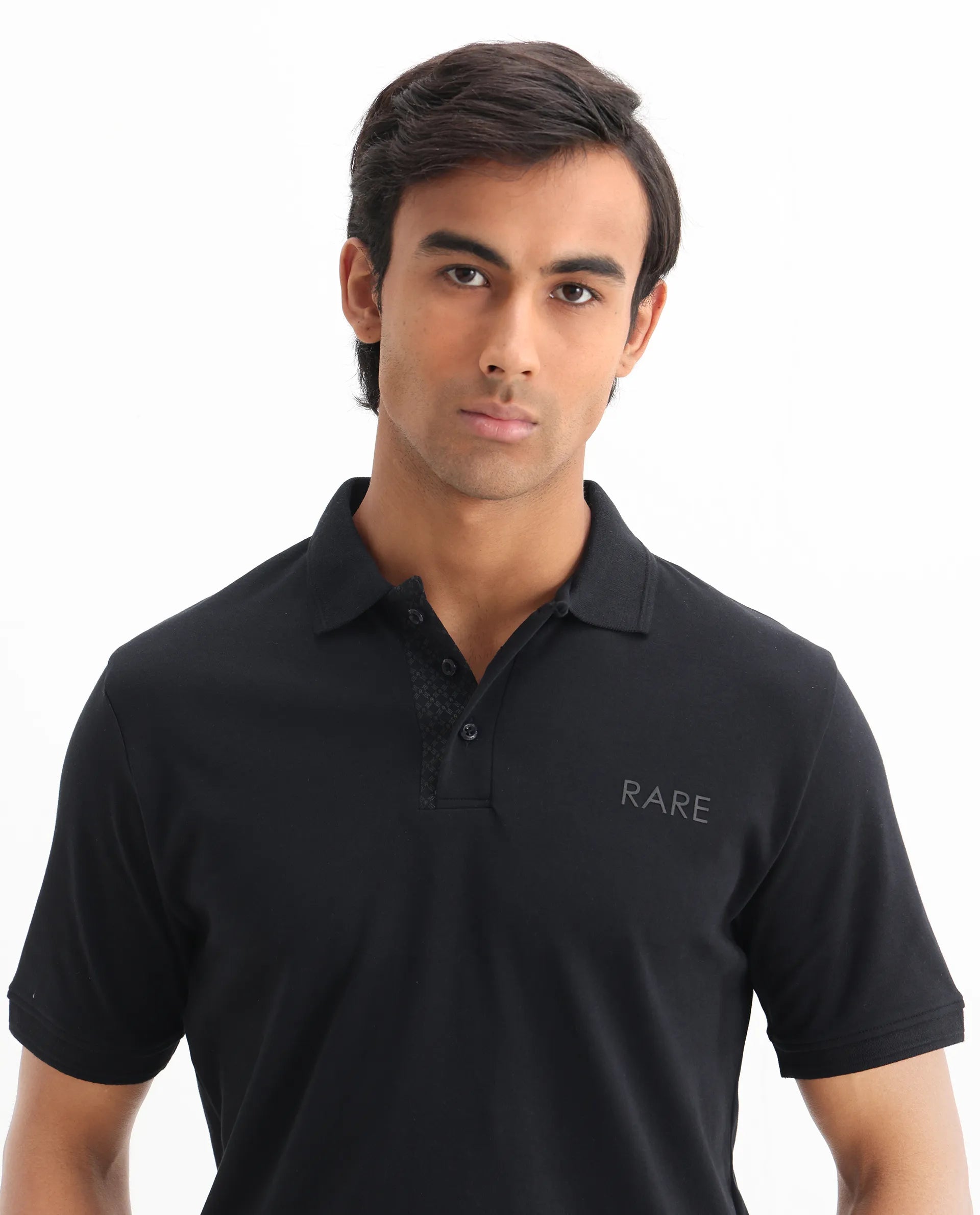 Rare Rabbit Men's Laur Black Cotton Plain Regular Fit Half Sleeve Polo