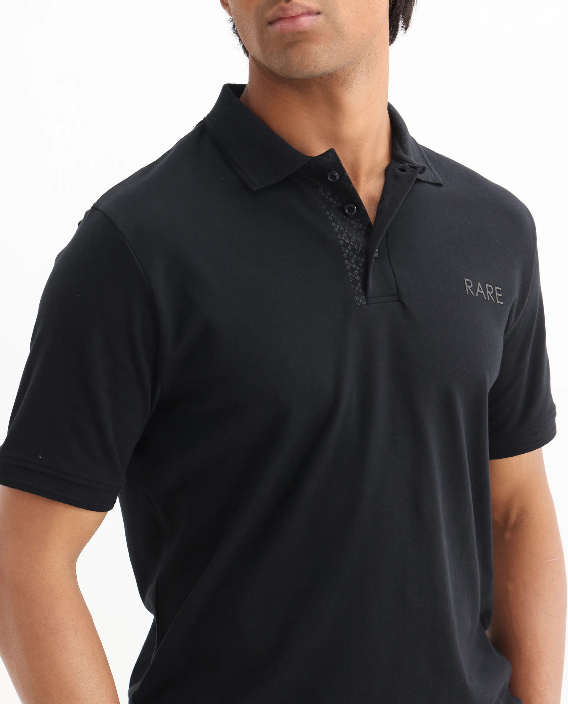 Rare Rabbit Men's Laur Black Cotton Plain Regular Fit Half Sleeve Polo