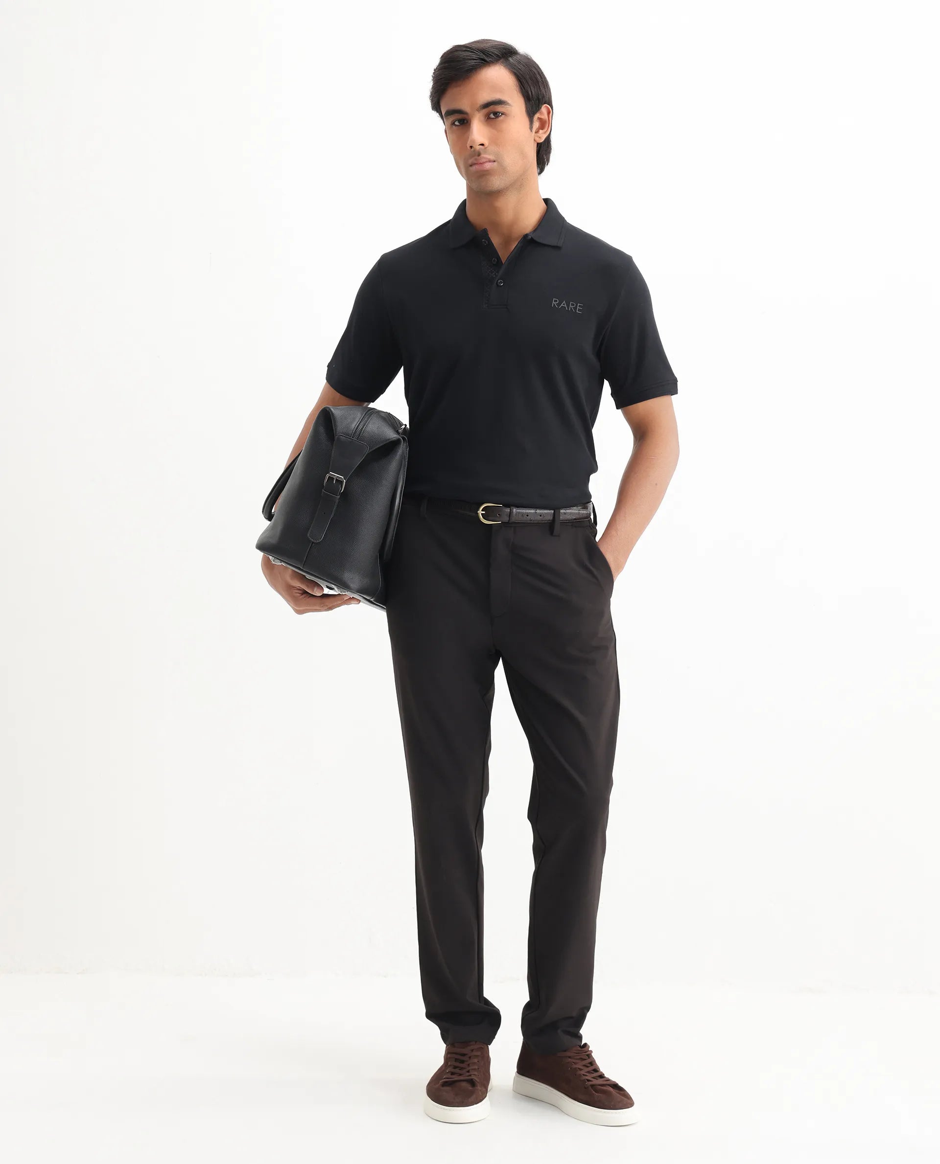 Rare Rabbit Men's Laur Black Cotton Plain Regular Fit Half Sleeve Polo
