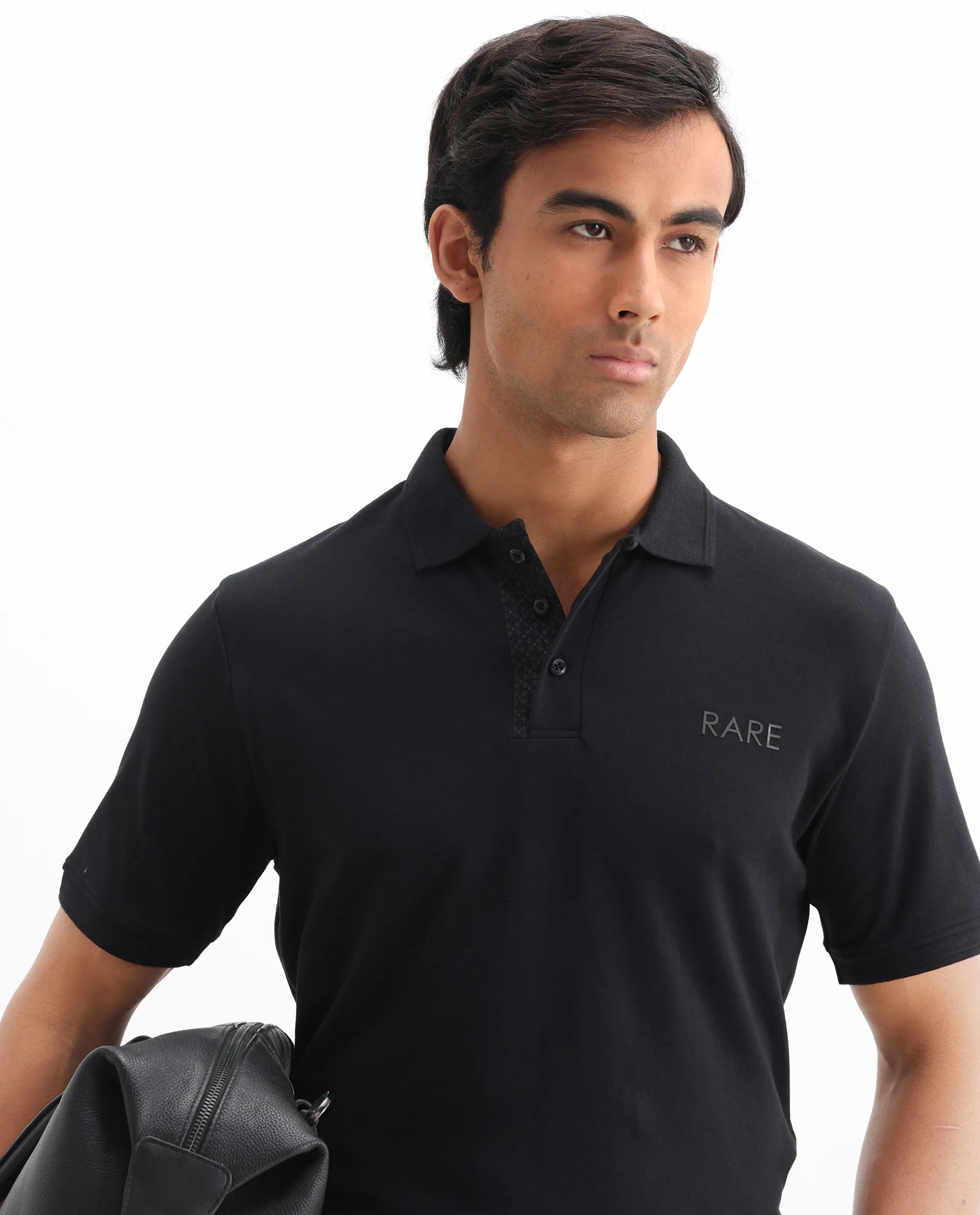 Rare Rabbit Men's Laur Black Cotton Plain Regular Fit Half Sleeve Polo