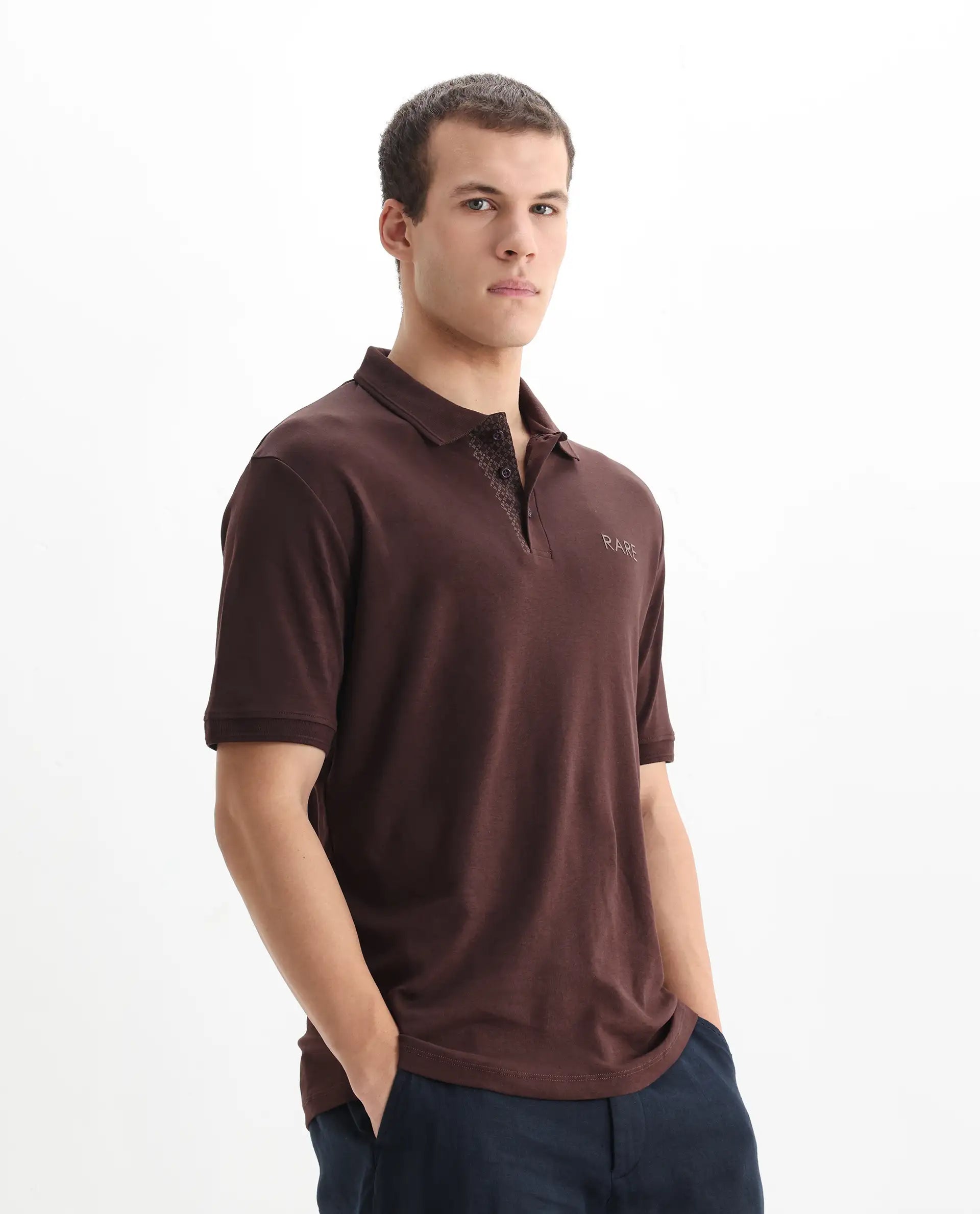Rare Rabbit Men's Laur Dark Brown Cotton Plain Regular Fit Half Sleeve Polo