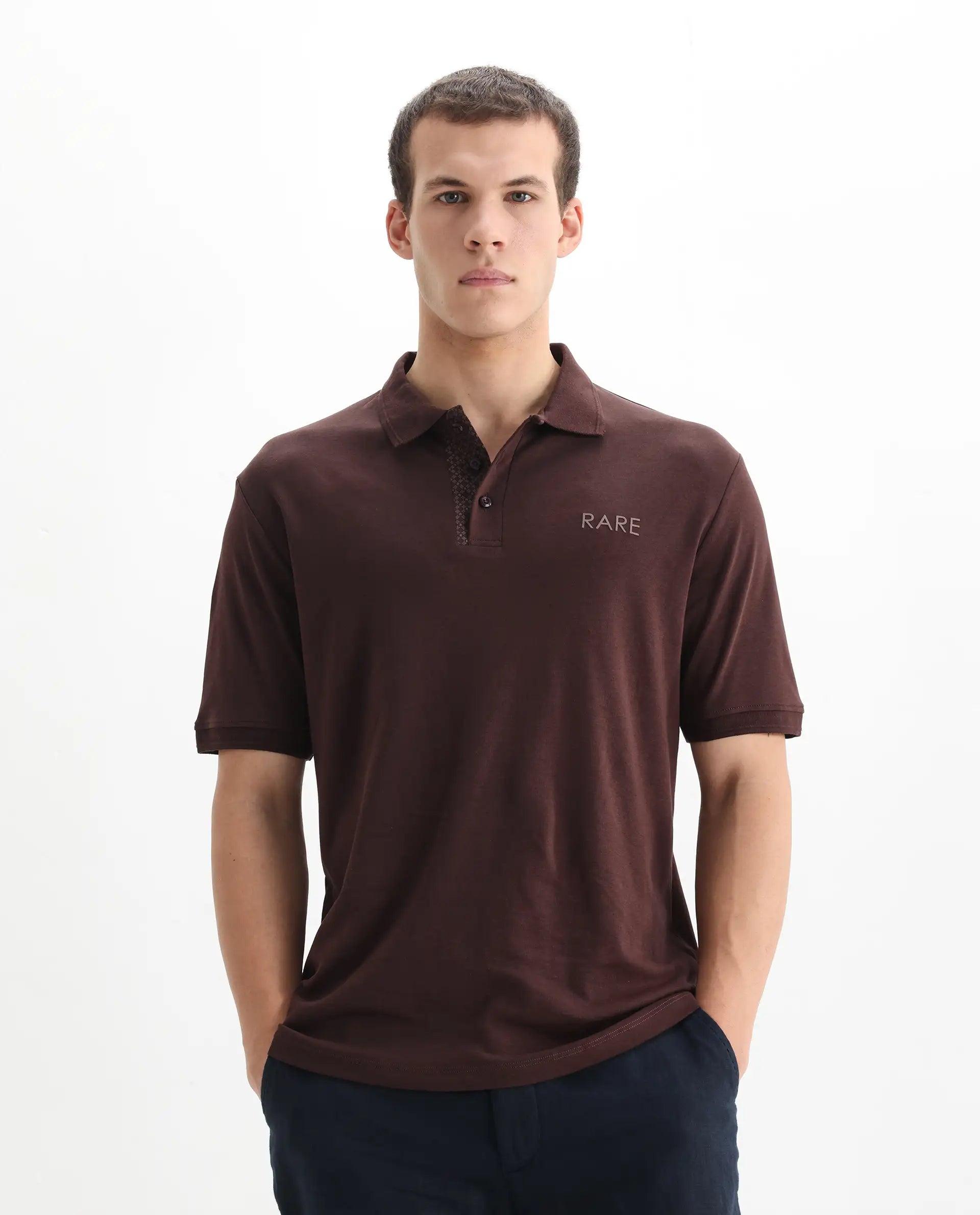Rare Rabbit Men's Laur Dark Brown Cotton Plain Regular Fit Half Sleeve Polo