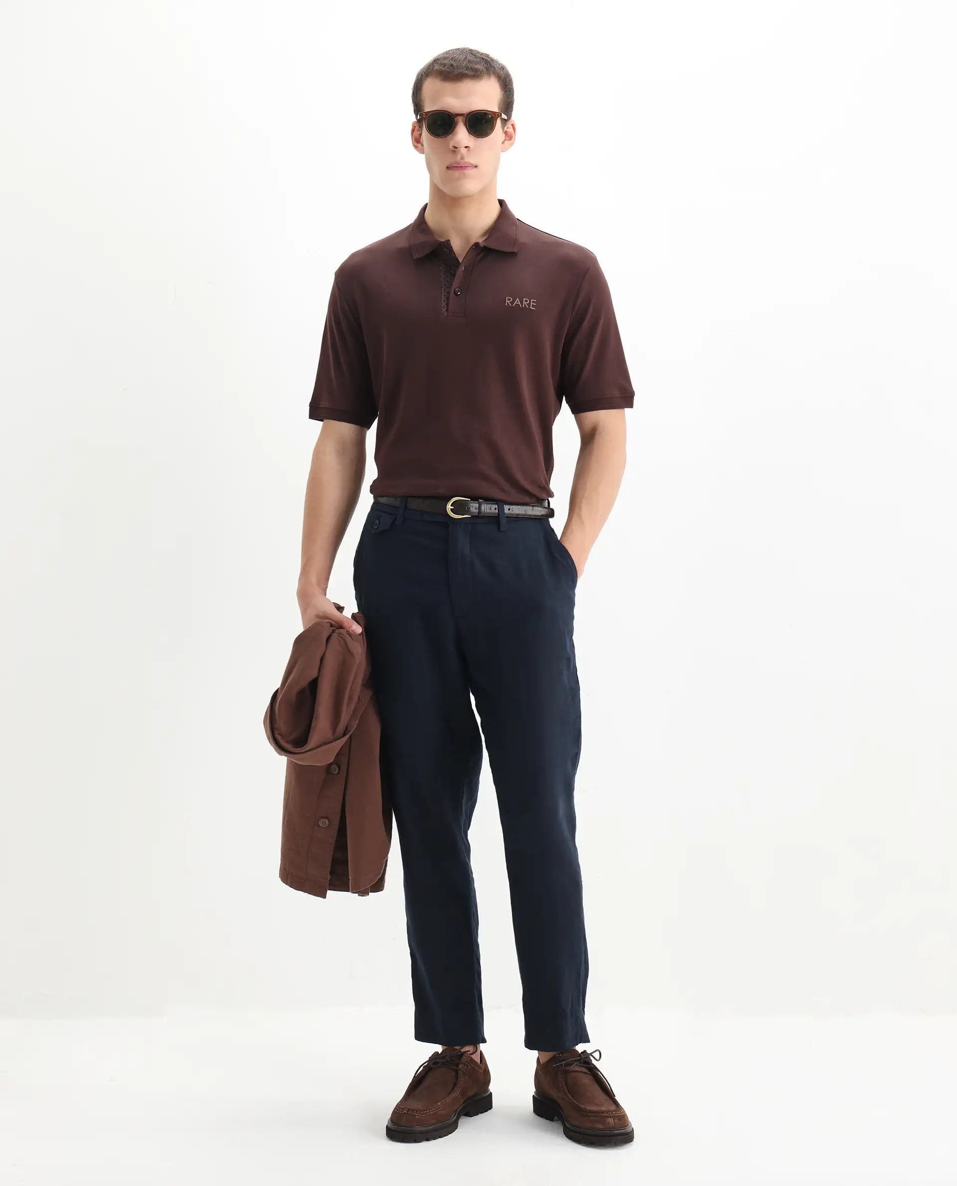 Rare Rabbit Men's Laur Dark Brown Cotton Plain Regular Fit Half Sleeve Polo