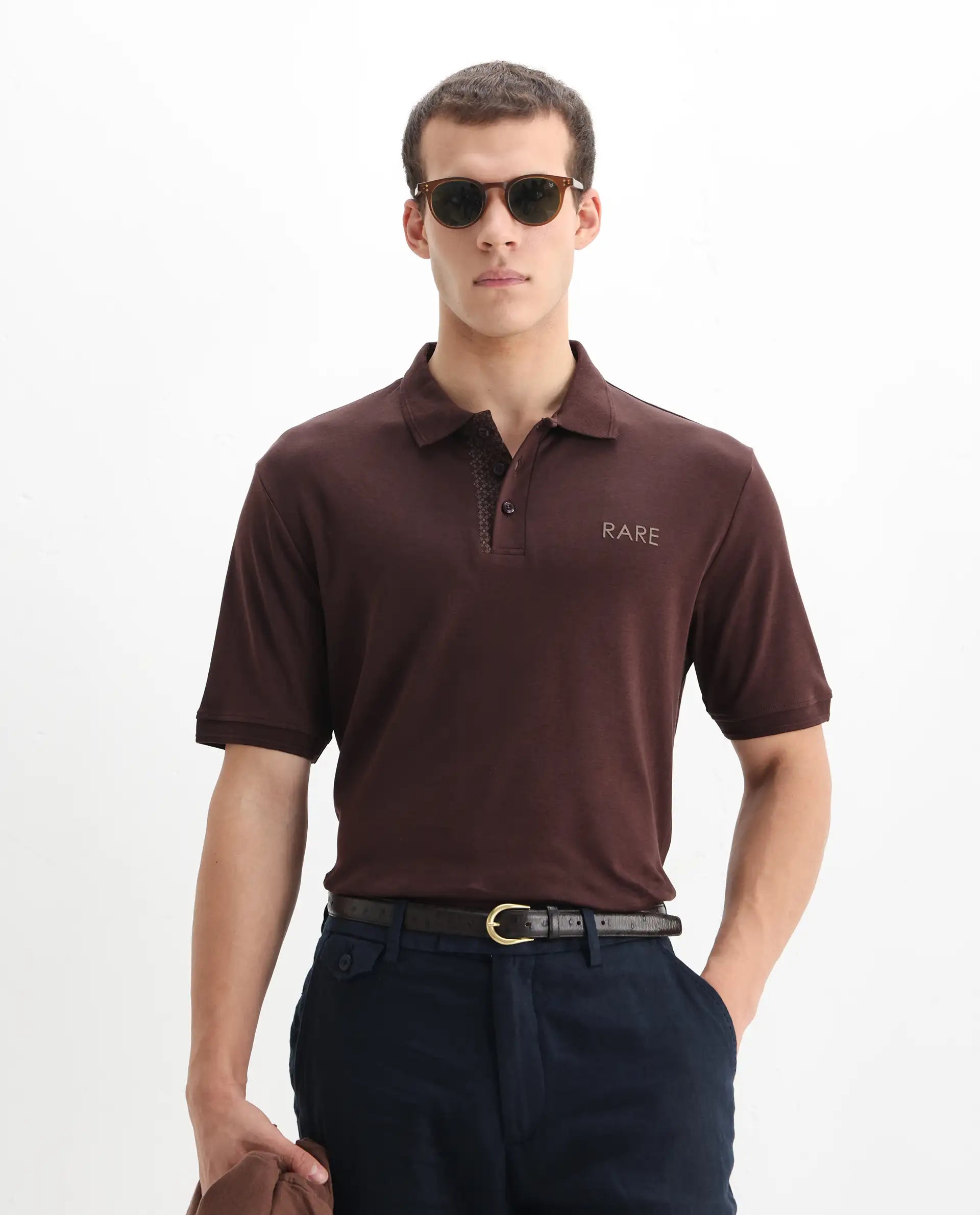 Rare Rabbit Men's Laur Dark Brown Cotton Plain Regular Fit Half Sleeve Polo