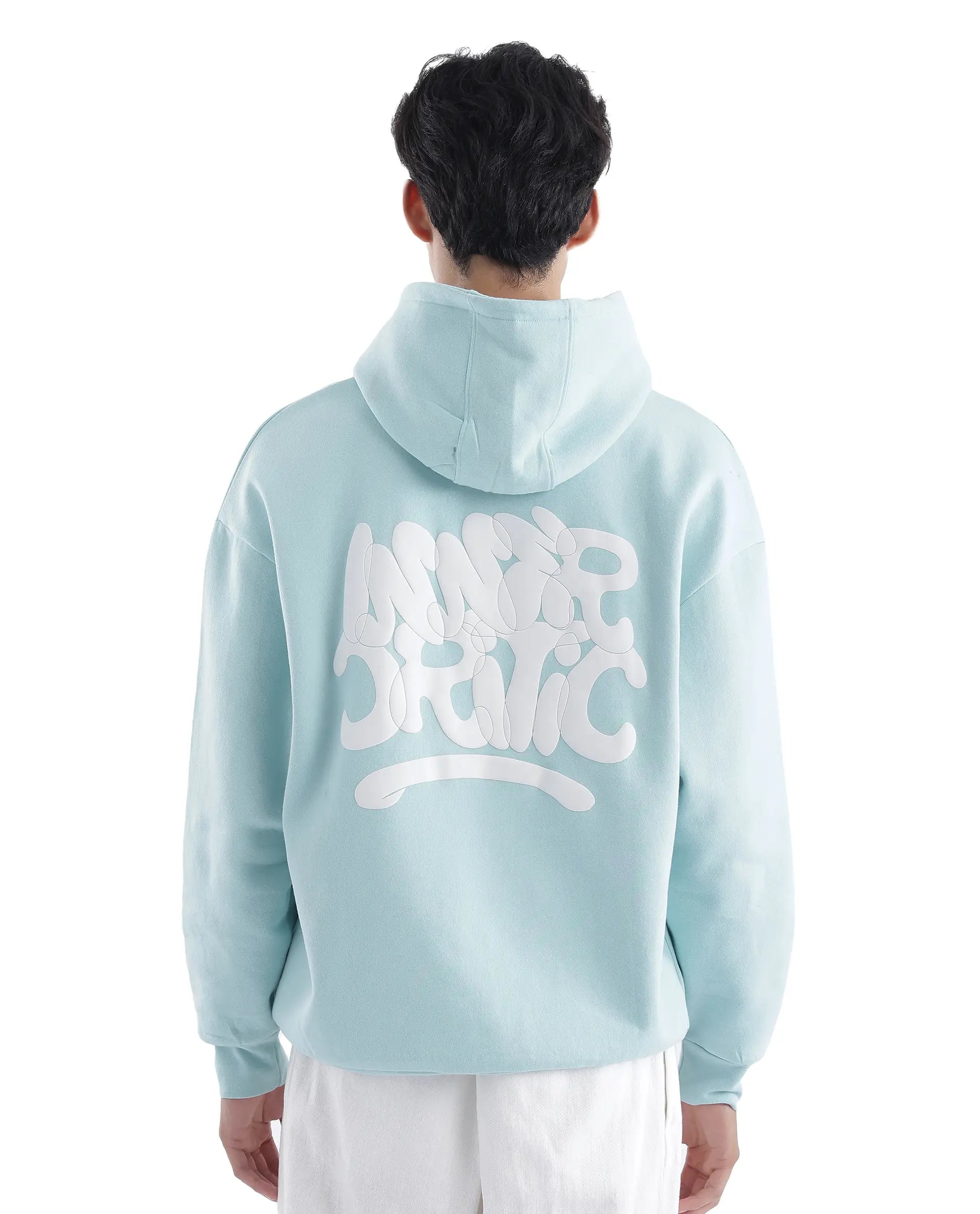 Rare Rabbit Men Laurl Light Turq Cotton Polyester Fabric Full Sleeve Hooded Boxy Fit Puff Printed Sweatshirt