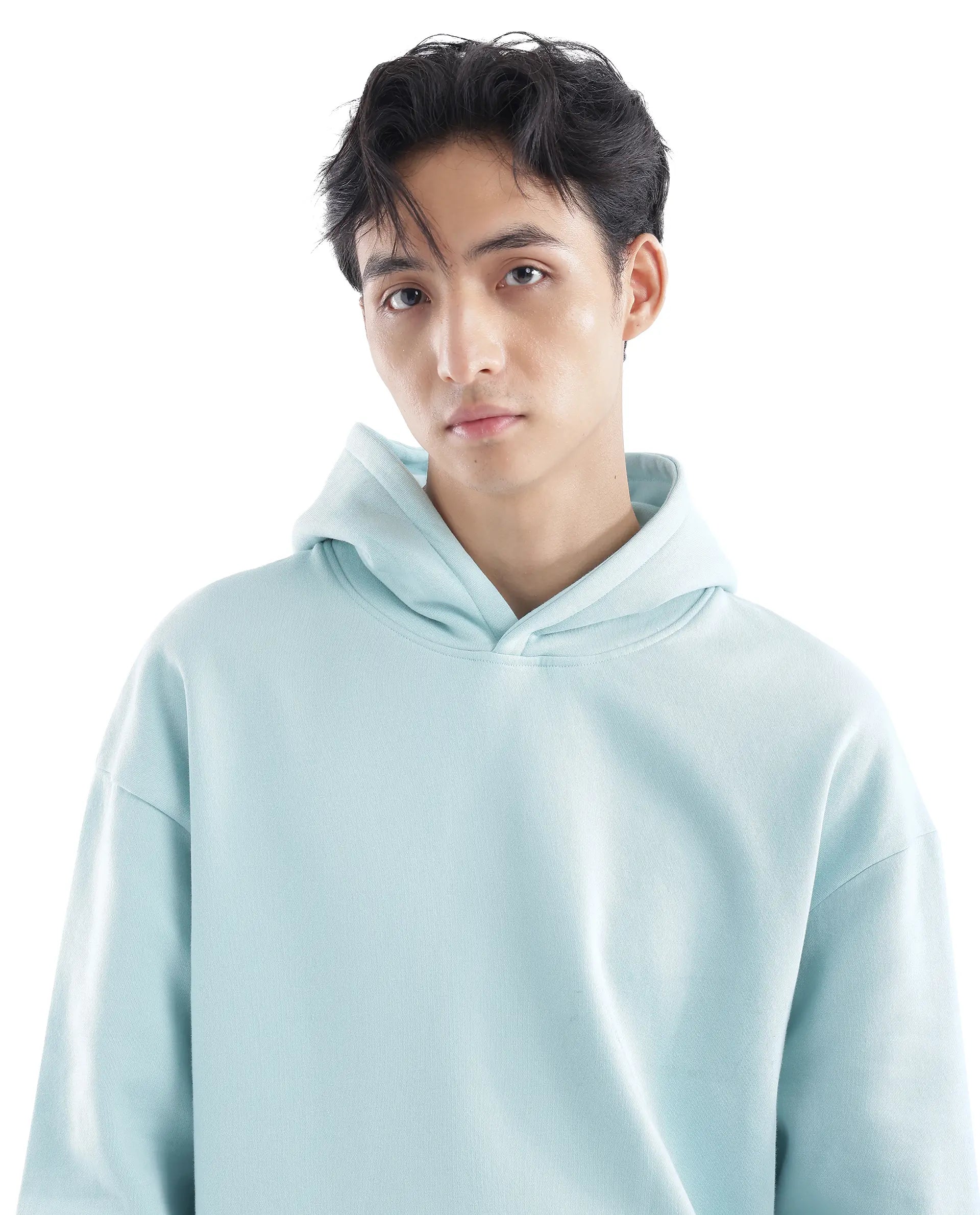 Rare Rabbit Men Laurl Light Turq Cotton Polyester Fabric Full Sleeve Hooded Boxy Fit Puff Printed Sweatshirt