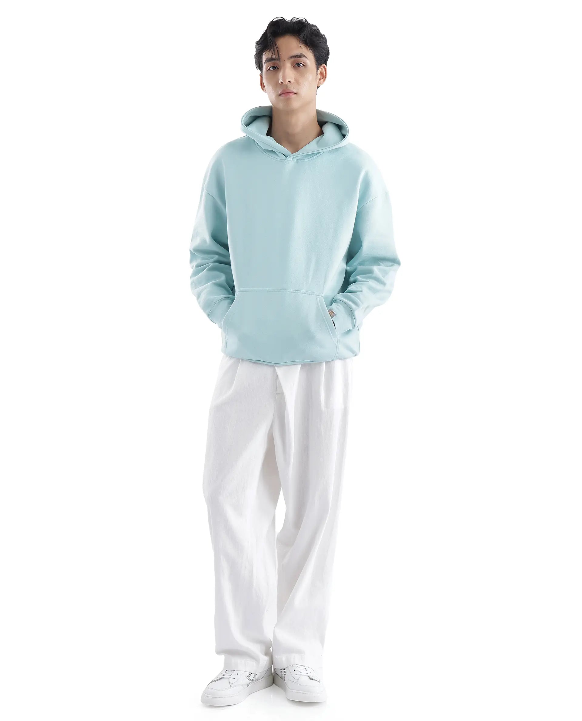 Rare Rabbit Men Laurl Light Turq Cotton Polyester Fabric Full Sleeve Hooded Boxy Fit Puff Printed Sweatshirt