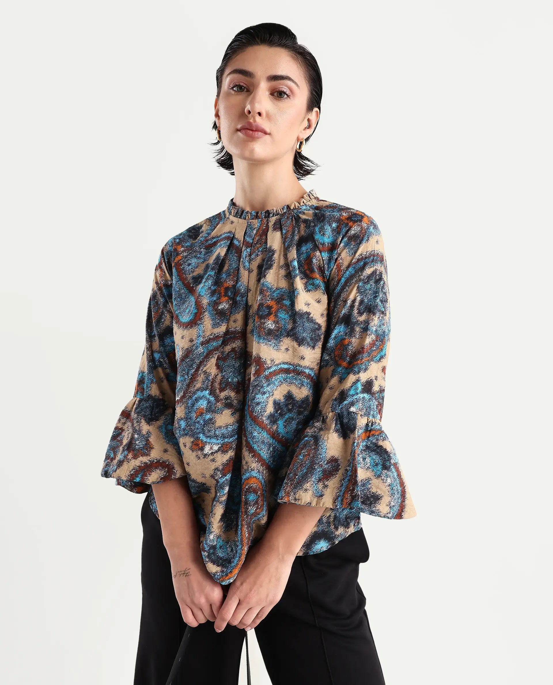 Rareism Women's Lavand Multi Nylon Blend Sweetheart Neck Paisley Print Raglan Sleeve Regular Fit Top