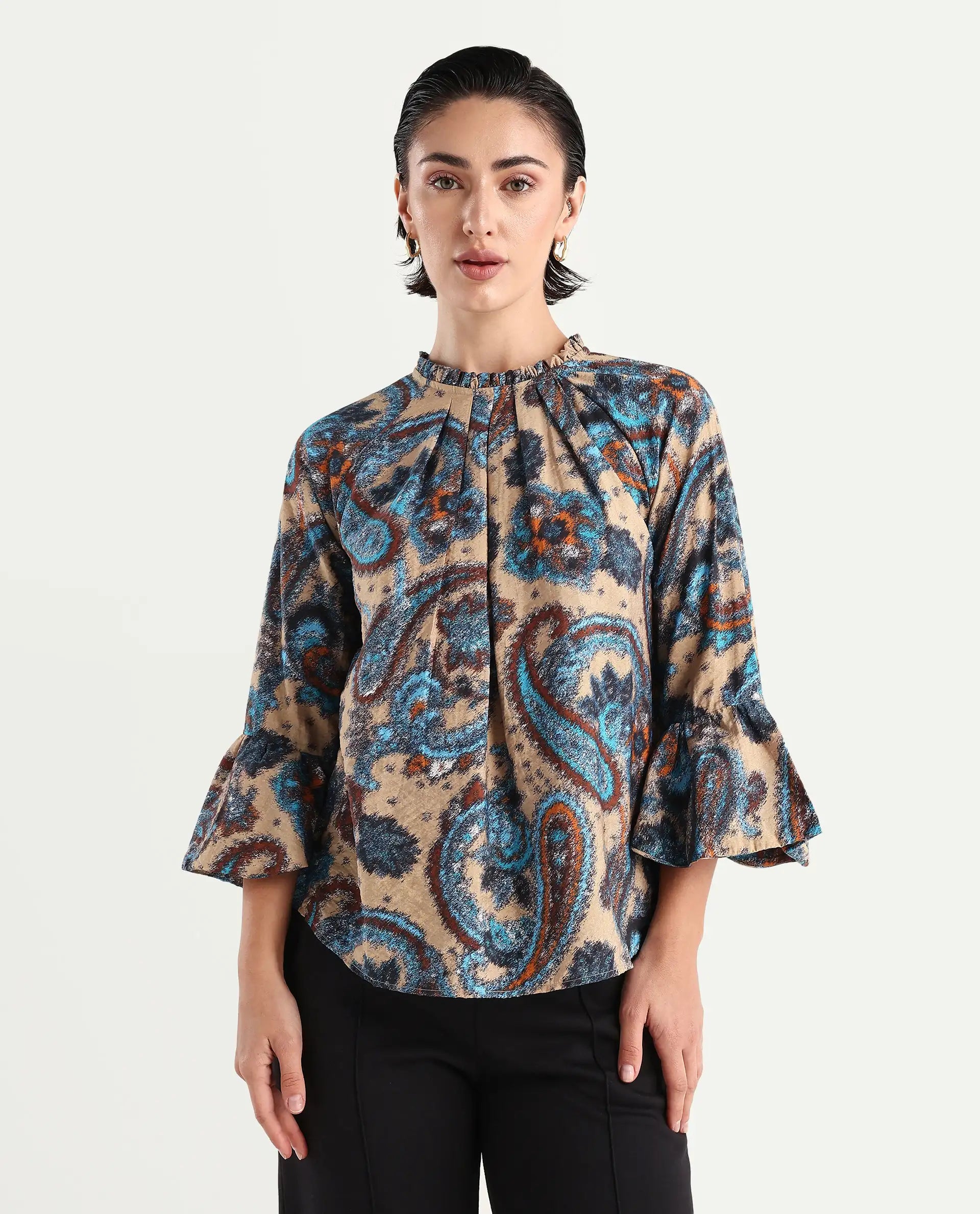 Rareism Women's Lavand Multi Nylon Blend Sweetheart Neck Paisley Print Raglan Sleeve Regular Fit Top