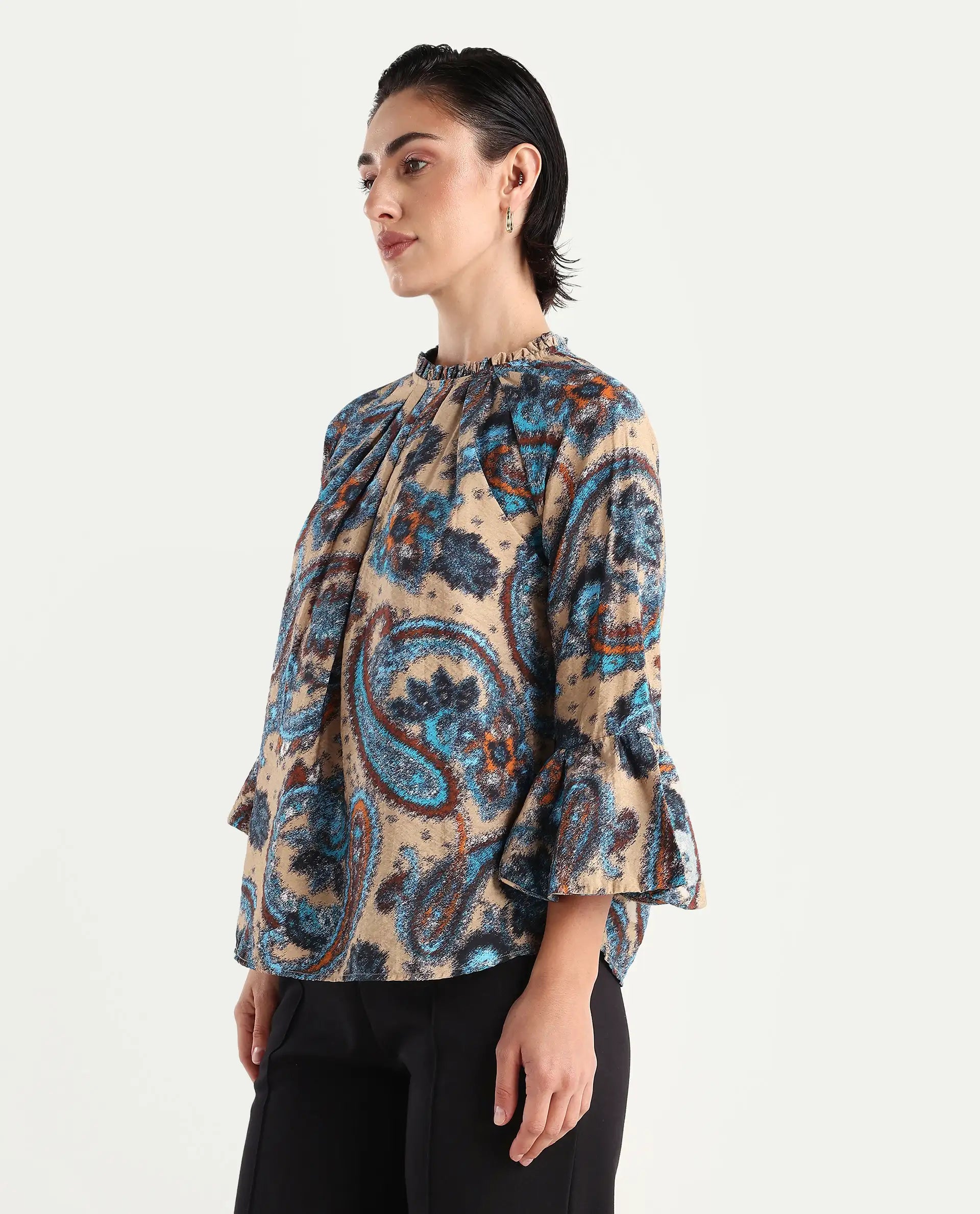 Rareism Women's Lavand Multi Nylon Blend Sweetheart Neck Paisley Print Raglan Sleeve Regular Fit Top