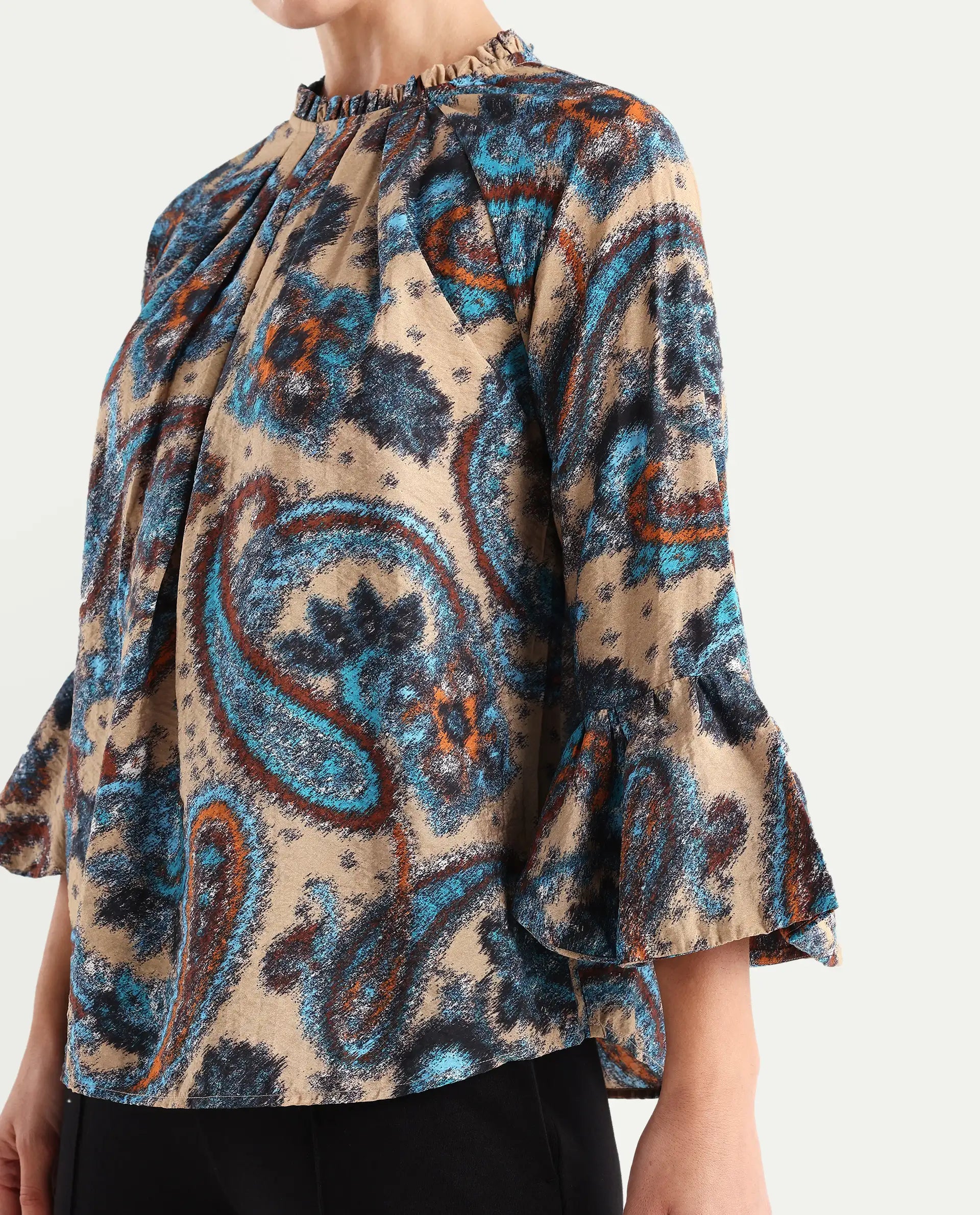 Rareism Women's Lavand Multi Nylon Blend Sweetheart Neck Paisley Print Raglan Sleeve Regular Fit Top