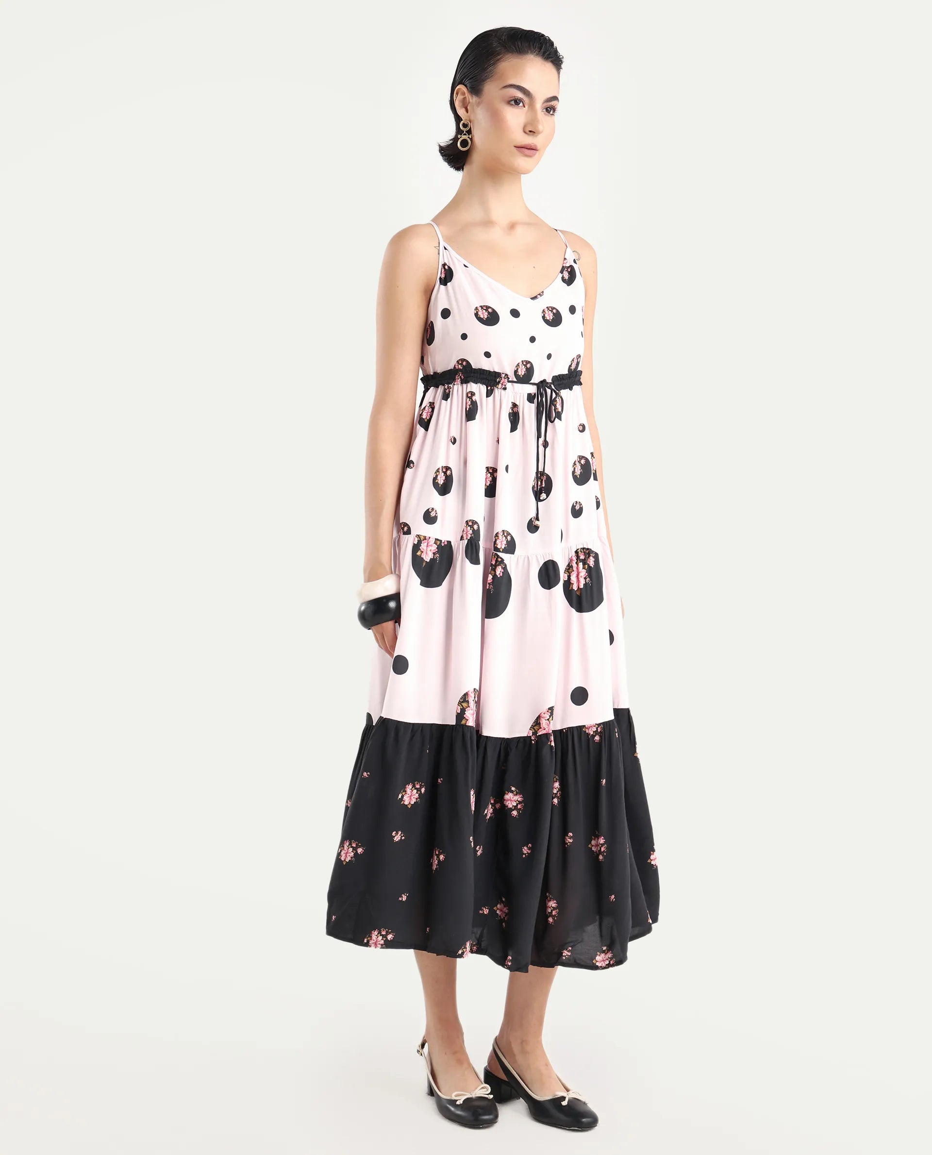 Rareism Women's Lavandula Pink Polyester Shoulder Strap Polka Print Shoulder Strap Midi Relaxed Fit Dress