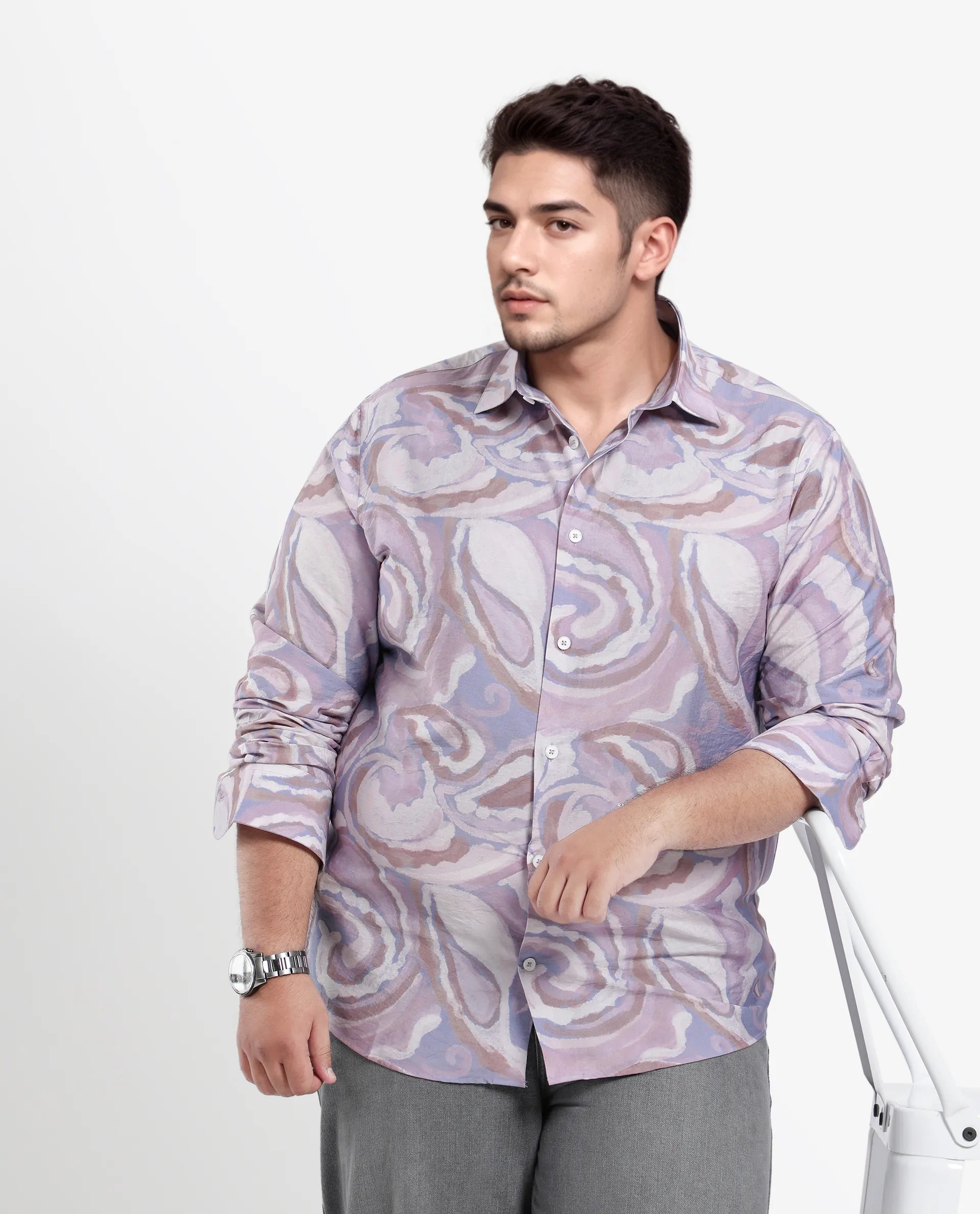 Rare Rabbit Men Lavato-L Light Purple Nylon Viscose Full Sleeve Cuban Collar Button Closure Boxy Fit Abstract Print Shirt