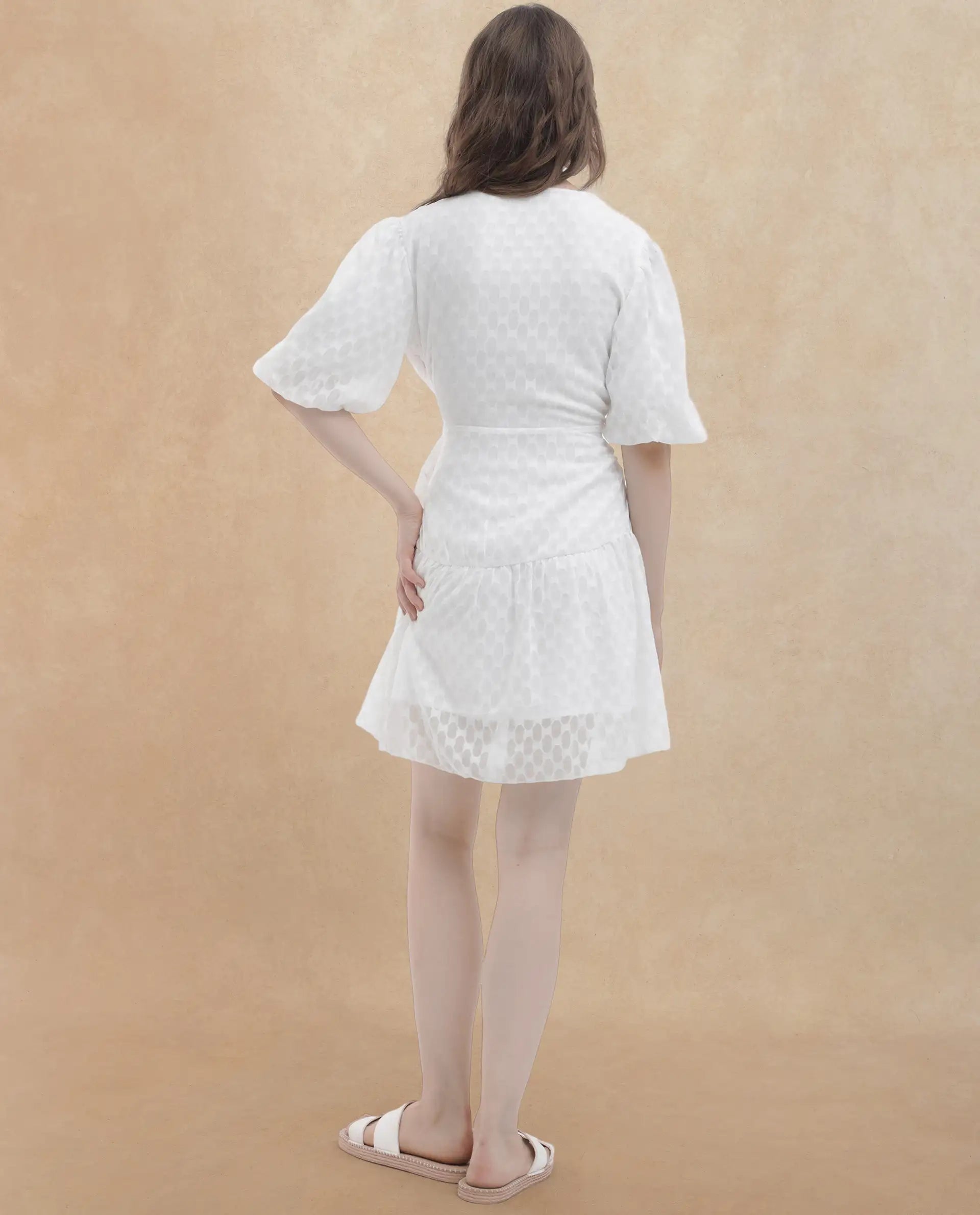 Rareism Women's Lavelle White Cotton Overlap Neck Jacquard Balloon Sleeve Mini Fit And Flare Dress