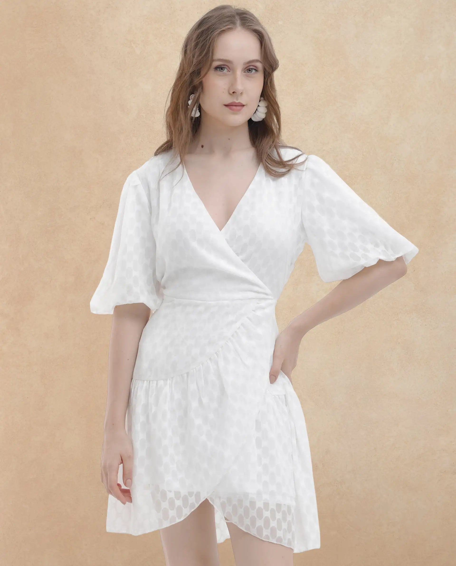 Rareism Women's Lavelle White Cotton Overlap Neck Jacquard Balloon Sleeve Mini Fit And Flare Dress