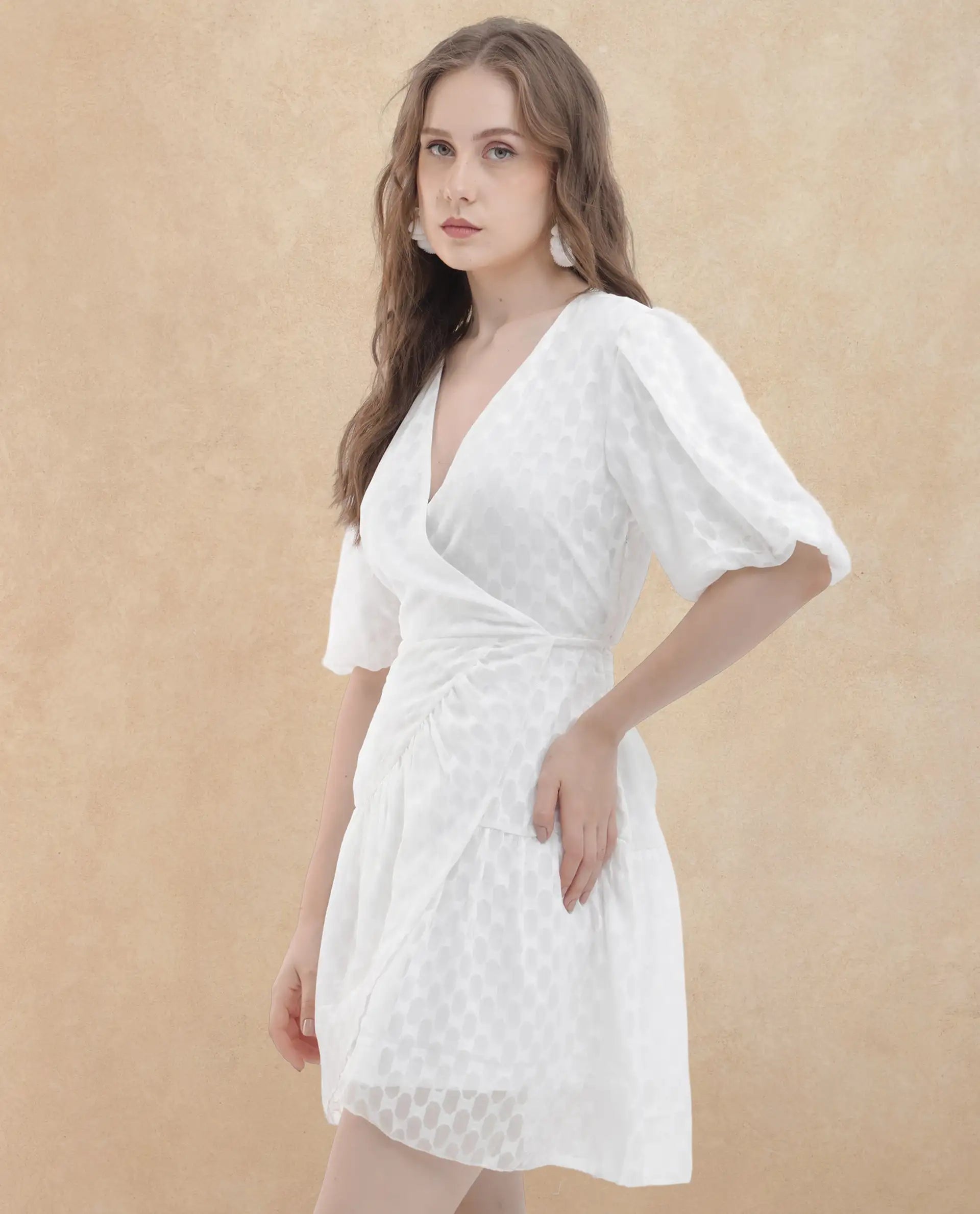 Rareism Women's Lavelle White Cotton Overlap Neck Jacquard Balloon Sleeve Mini Fit And Flare Dress