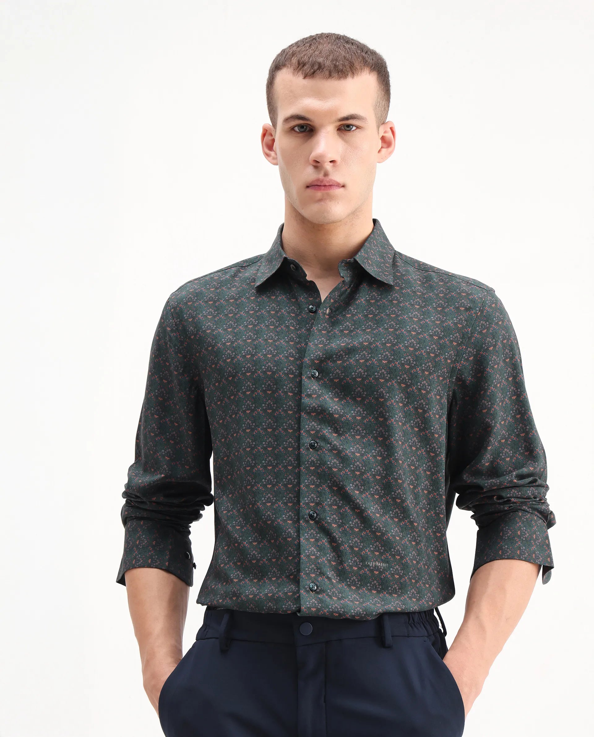Rare Rabbit Men's Lavi Dark Green Viscose Floral Print Regular Fit Full Sleeve Collared Shirt