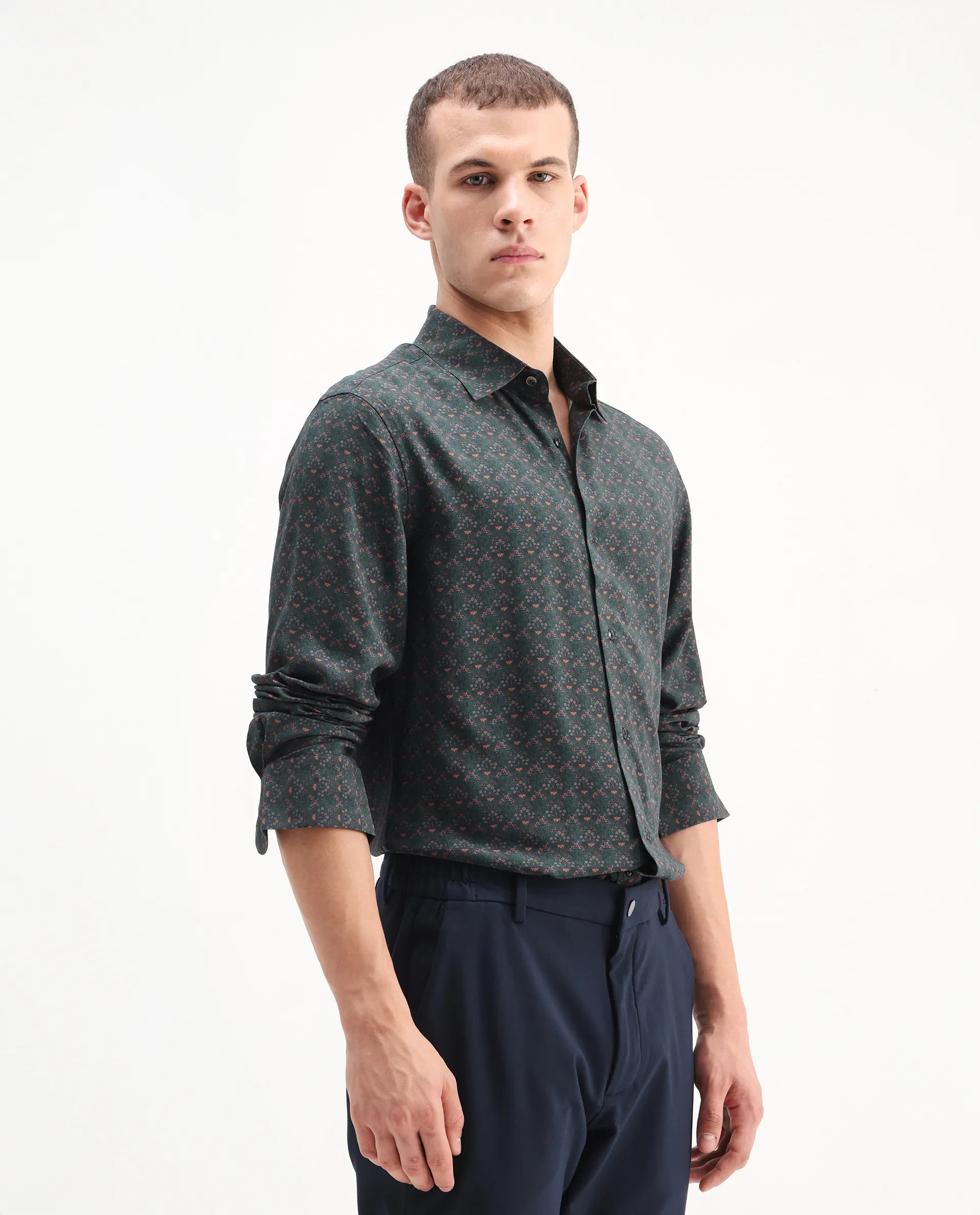 Rare Rabbit Men's Lavi Dark Green Viscose Floral Print Regular Fit Full Sleeve Collared Shirt
