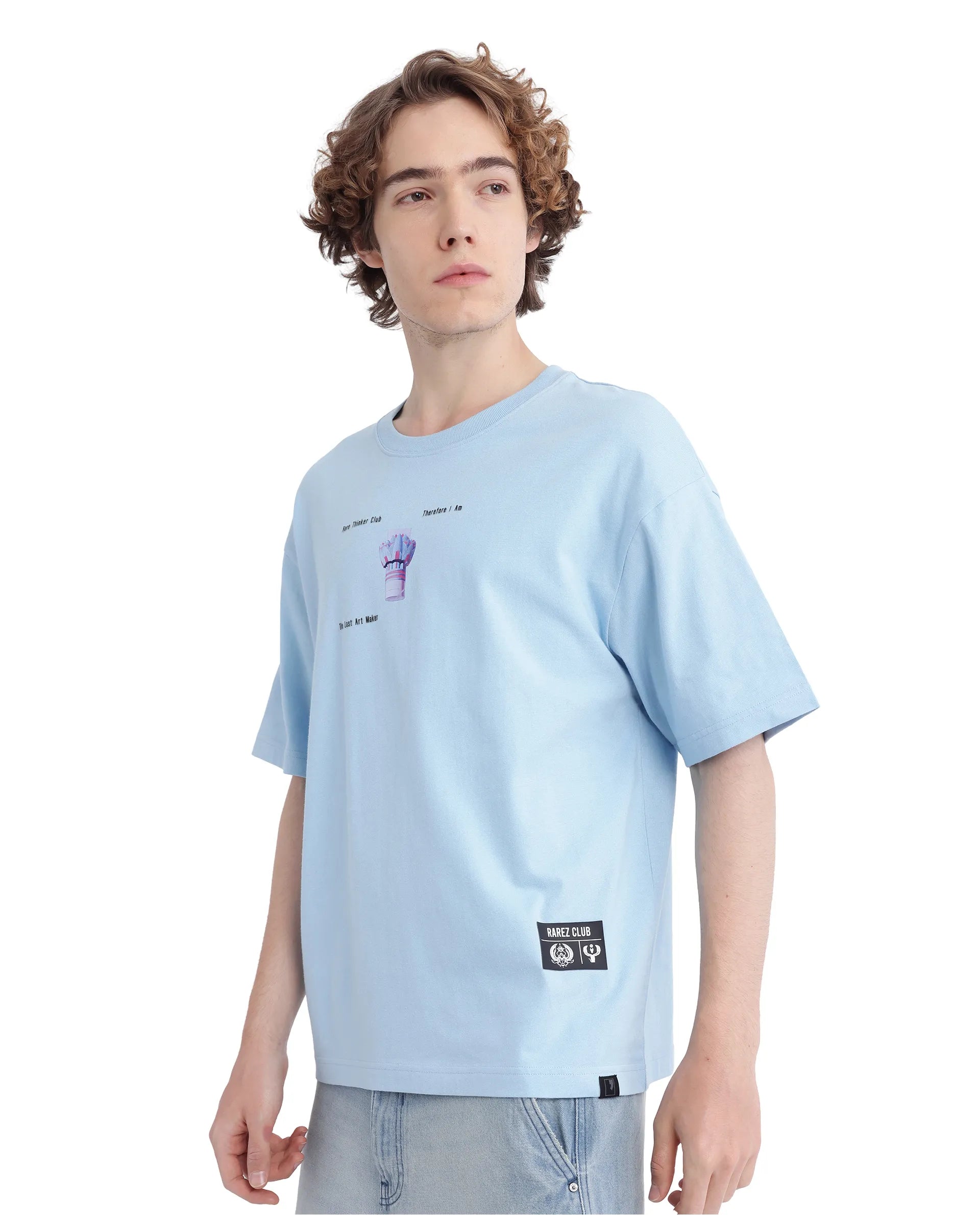 Rare Rabbit Men Laun Light Blue Cotton Fabric Short Sleeve Crew Neck Oversized Fit Off Placement HD Print T-Shirt