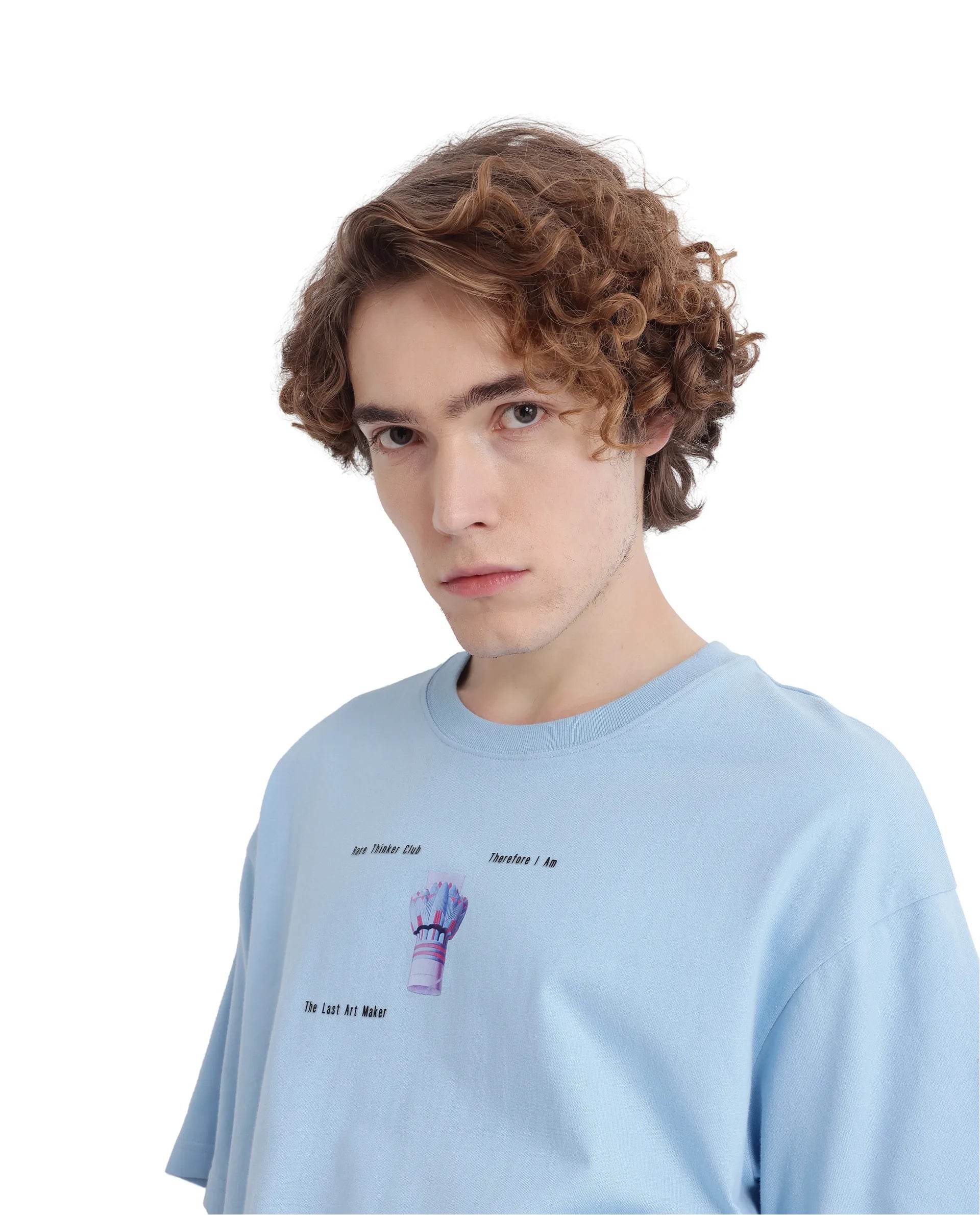 Rare Rabbit Men Laun Light Blue Cotton Fabric Short Sleeve Crew Neck Oversized Fit Off Placement HD Print T-Shirt