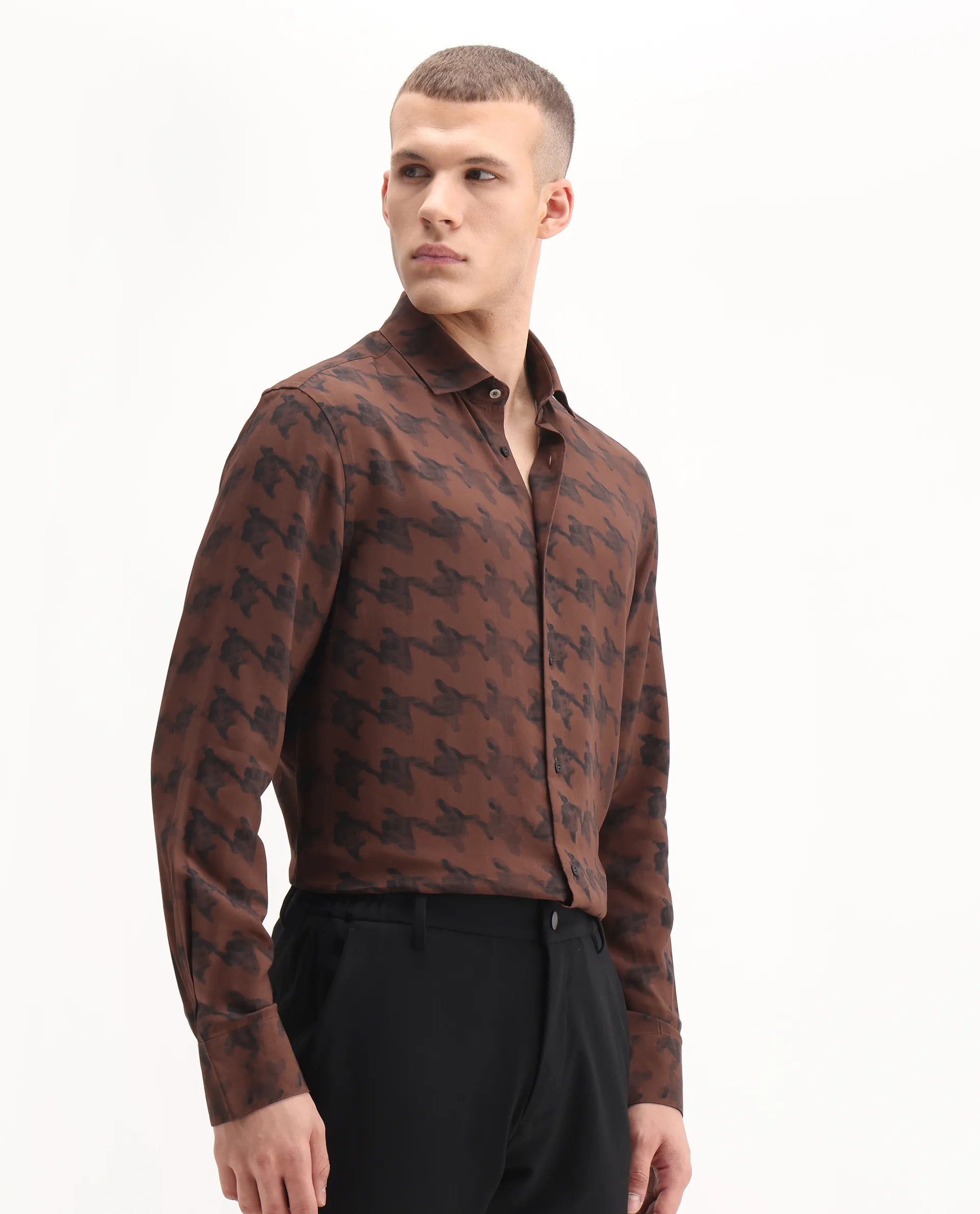 Rare Rabbit Men's Laxo Black Viscose Houndstooth Print Regular Fit Full Sleeve Collared Shirt