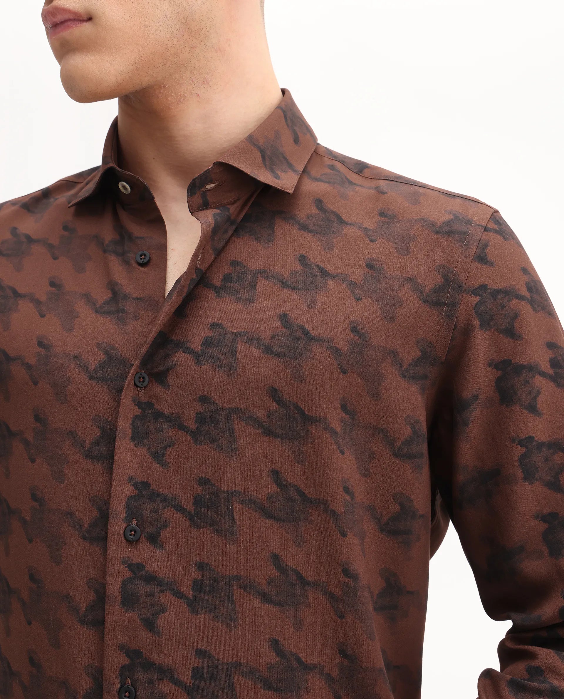 Rare Rabbit Men's Laxo Black Viscose Houndstooth Print Regular Fit Full Sleeve Collared Shirt