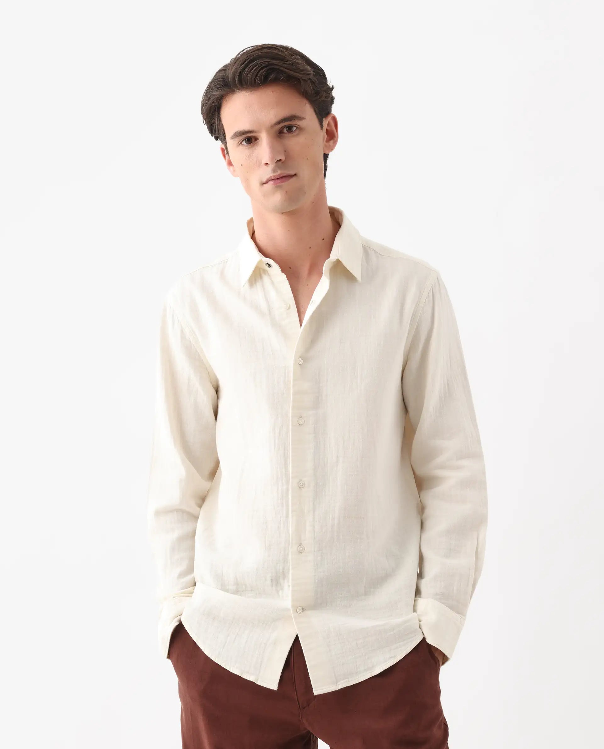 Rare Rabbit Men's Layerr-26 Off White Cotton Plain Regular Fit Full Sleeve Collared Shirt