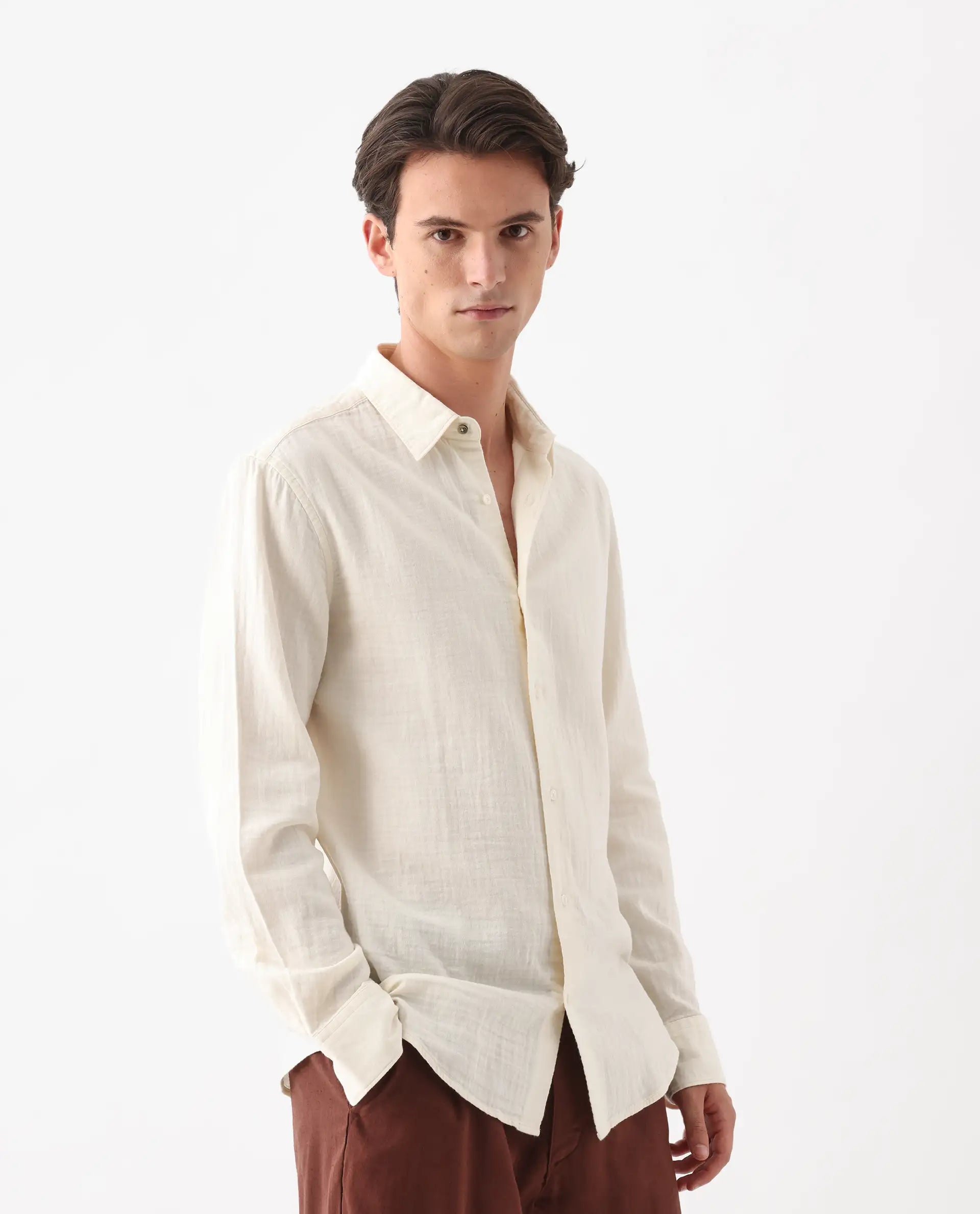 Rare Rabbit Men's Layerr-26 Off White Cotton Plain Regular Fit Full Sleeve Collared Shirt