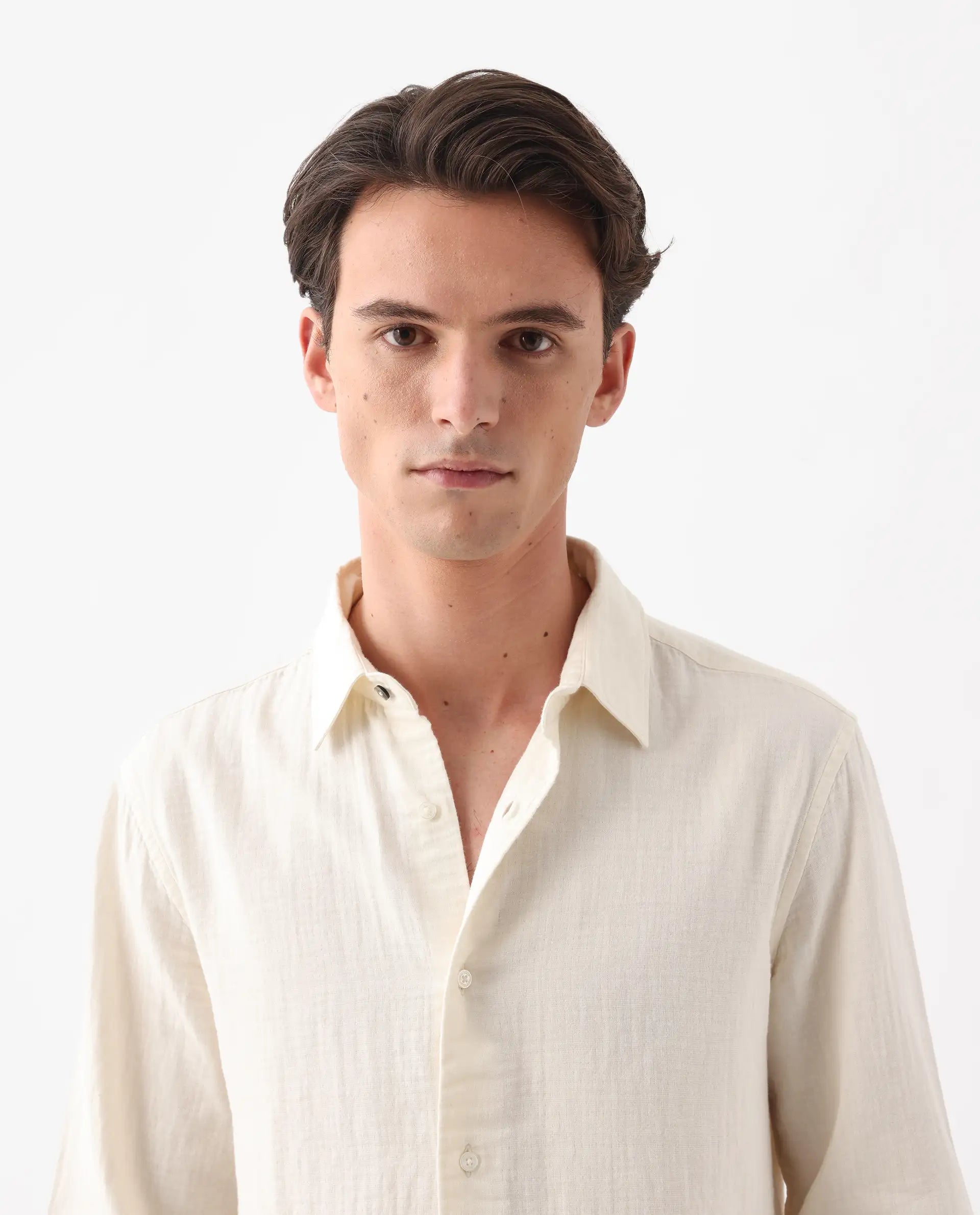 Rare Rabbit Men's Layerr-26 Off White Cotton Plain Regular Fit Full Sleeve Collared Shirt