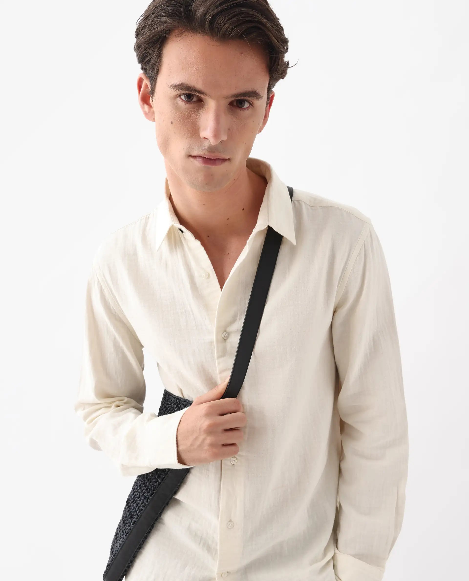 Rare Rabbit Men's Layerr-26 Off White Cotton Plain Regular Fit Full Sleeve Collared Shirt