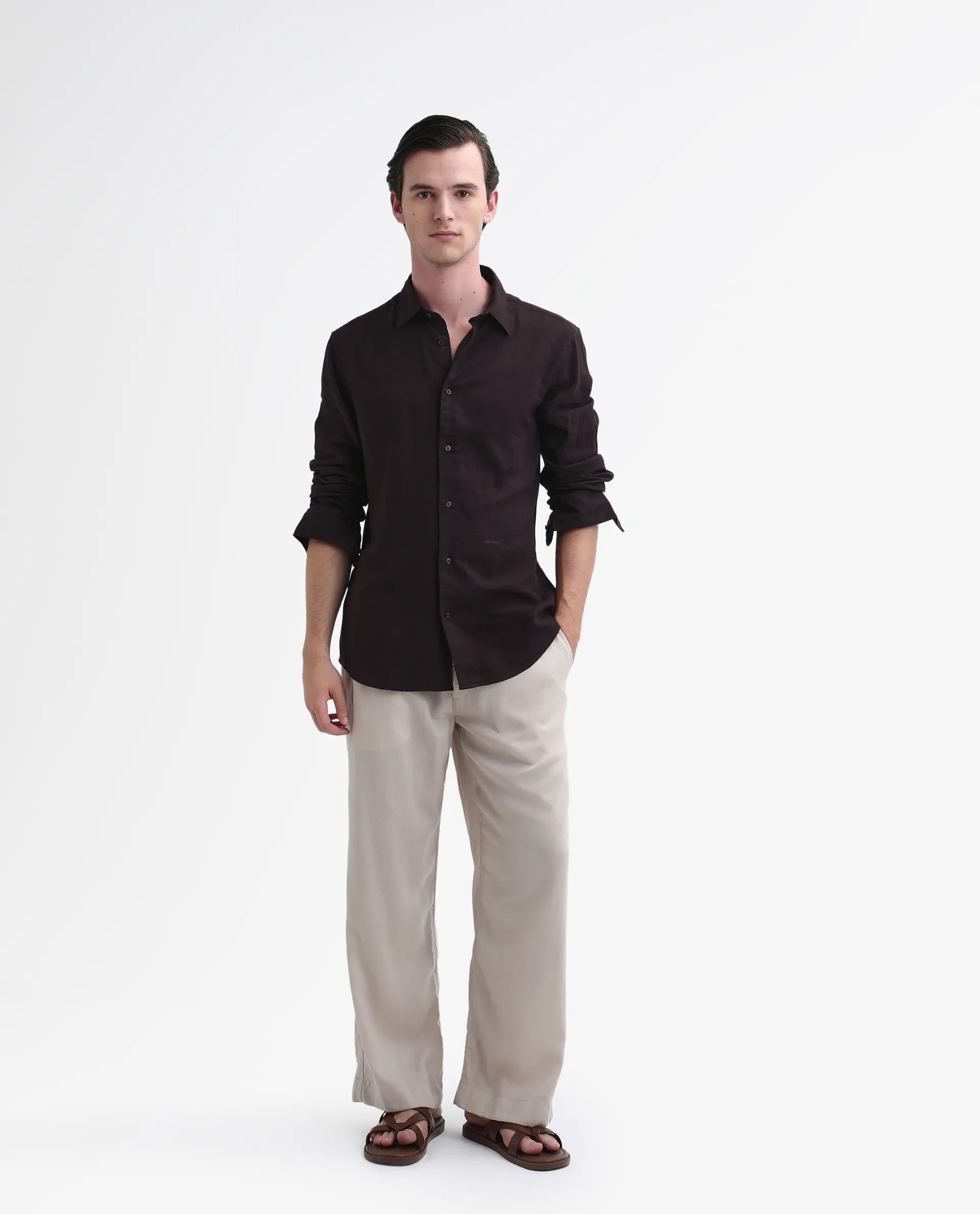 Rare Rabbit Men's Layerr-26 Dark Brown Cotton Plain Regular Fit Full Sleeve Collared Shirt