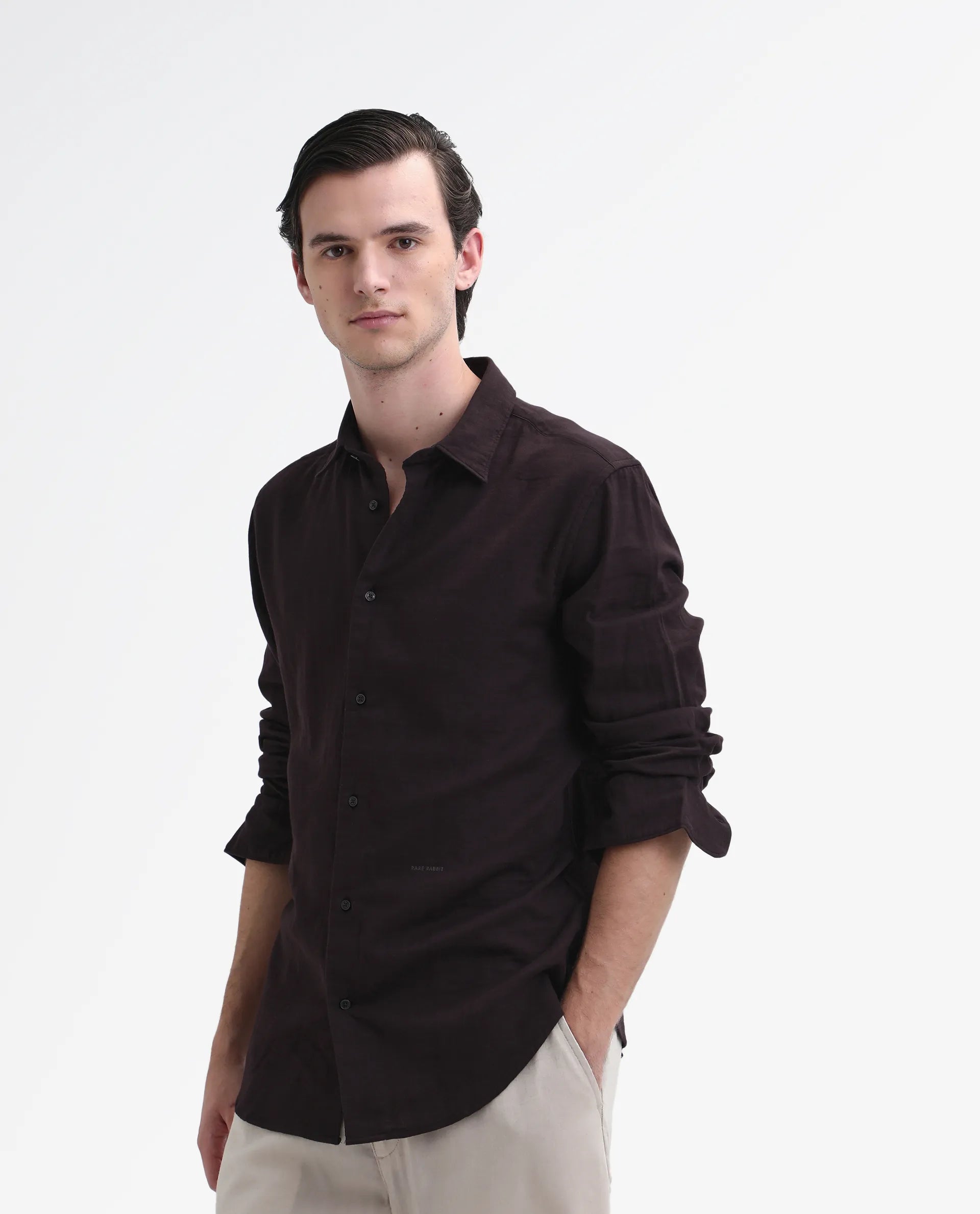 Rare Rabbit Men's Layerr-26 Dark Brown Cotton Plain Regular Fit Full Sleeve Collared Shirt