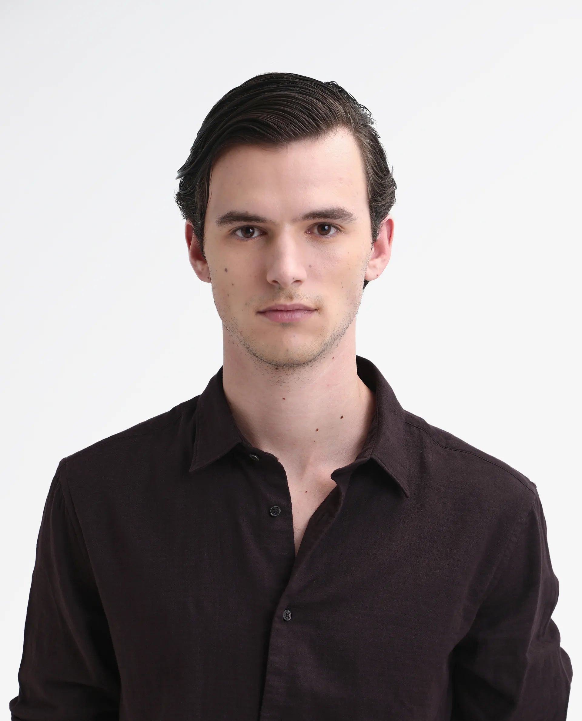 Rare Rabbit Men's Layerr-26 Dark Brown Cotton Plain Regular Fit Full Sleeve Collared Shirt