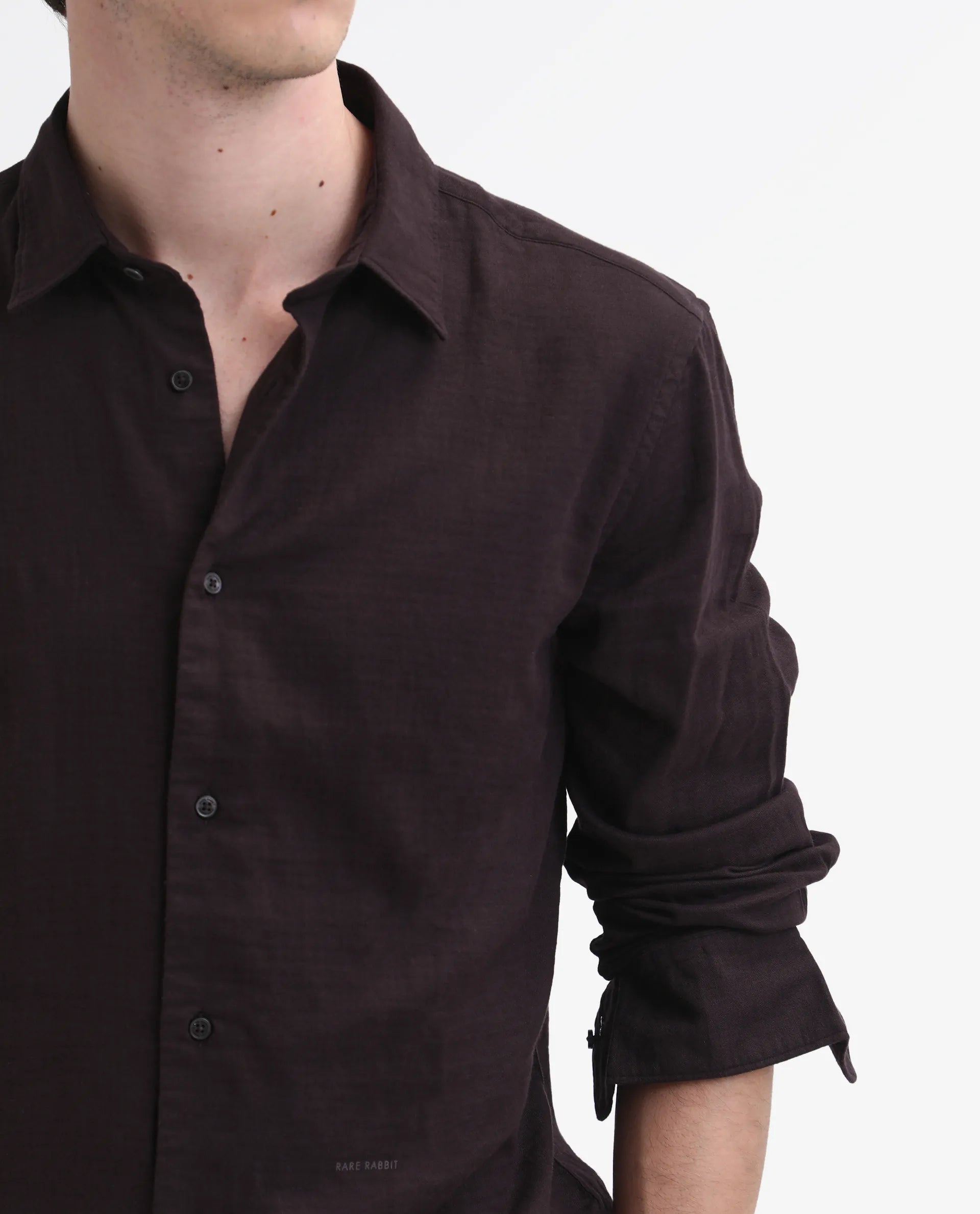 Rare Rabbit Men's Layerr-26 Dark Brown Cotton Plain Regular Fit Full Sleeve Collared Shirt